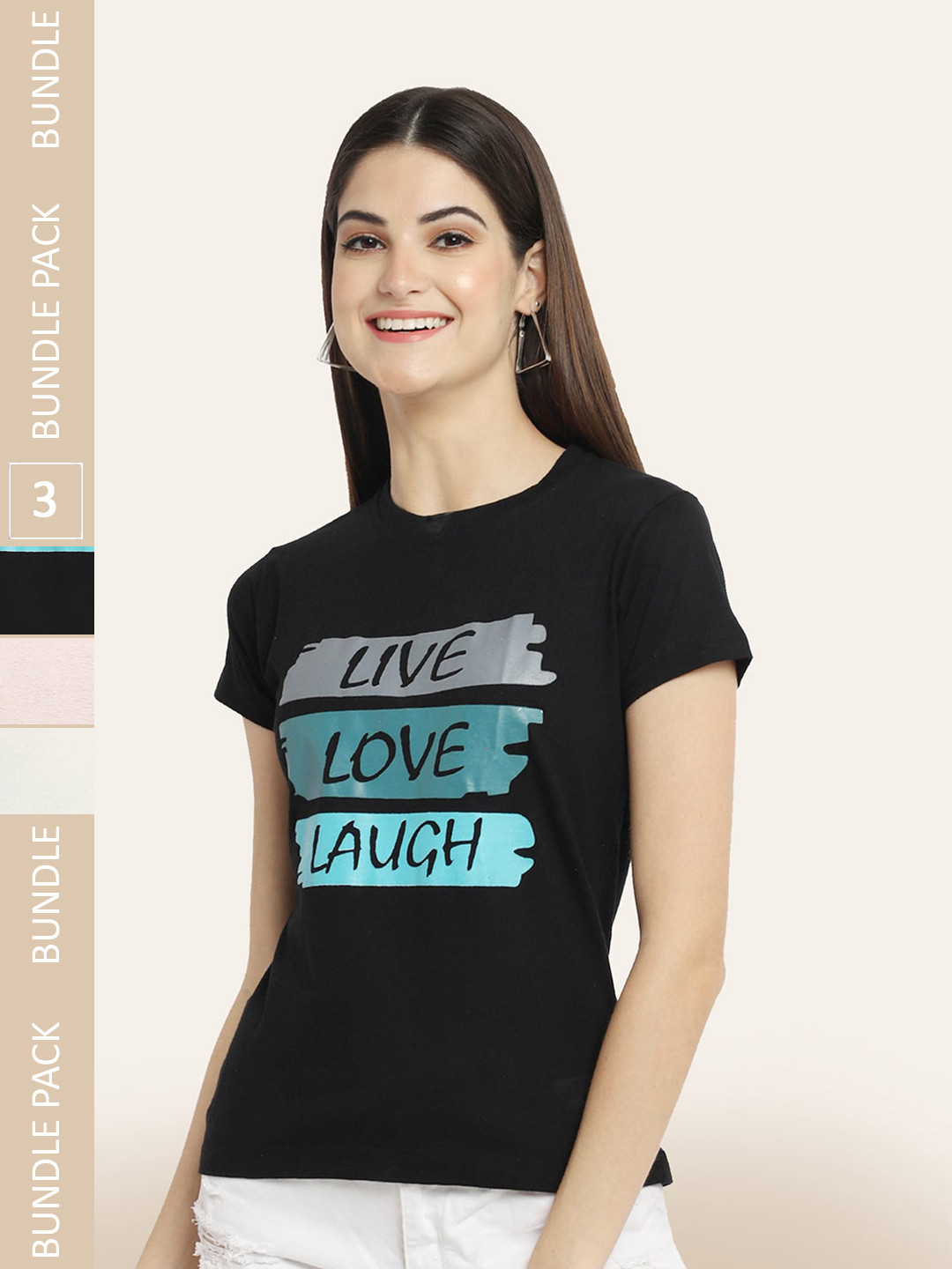 

BAESD Pack Of 3 Typography Printed Cotton T-shirt, Cream