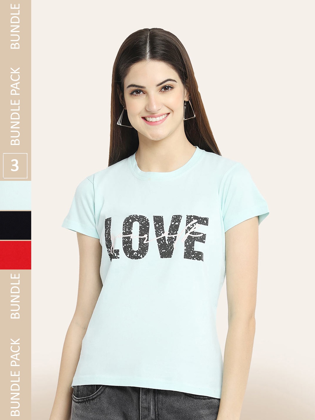 

BAESD Women Pack Of 3 Printed Cotton T-shirt, Blue