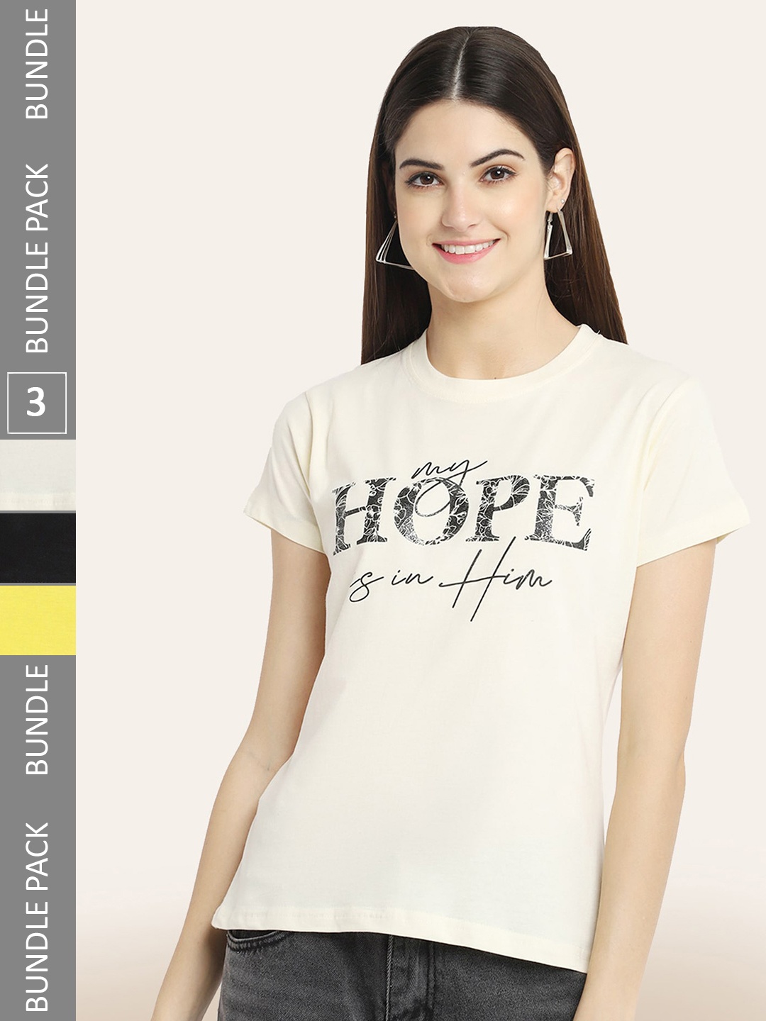 BAESD Pack Of 3 Typography Printed Cotton T-shirt, Cream
