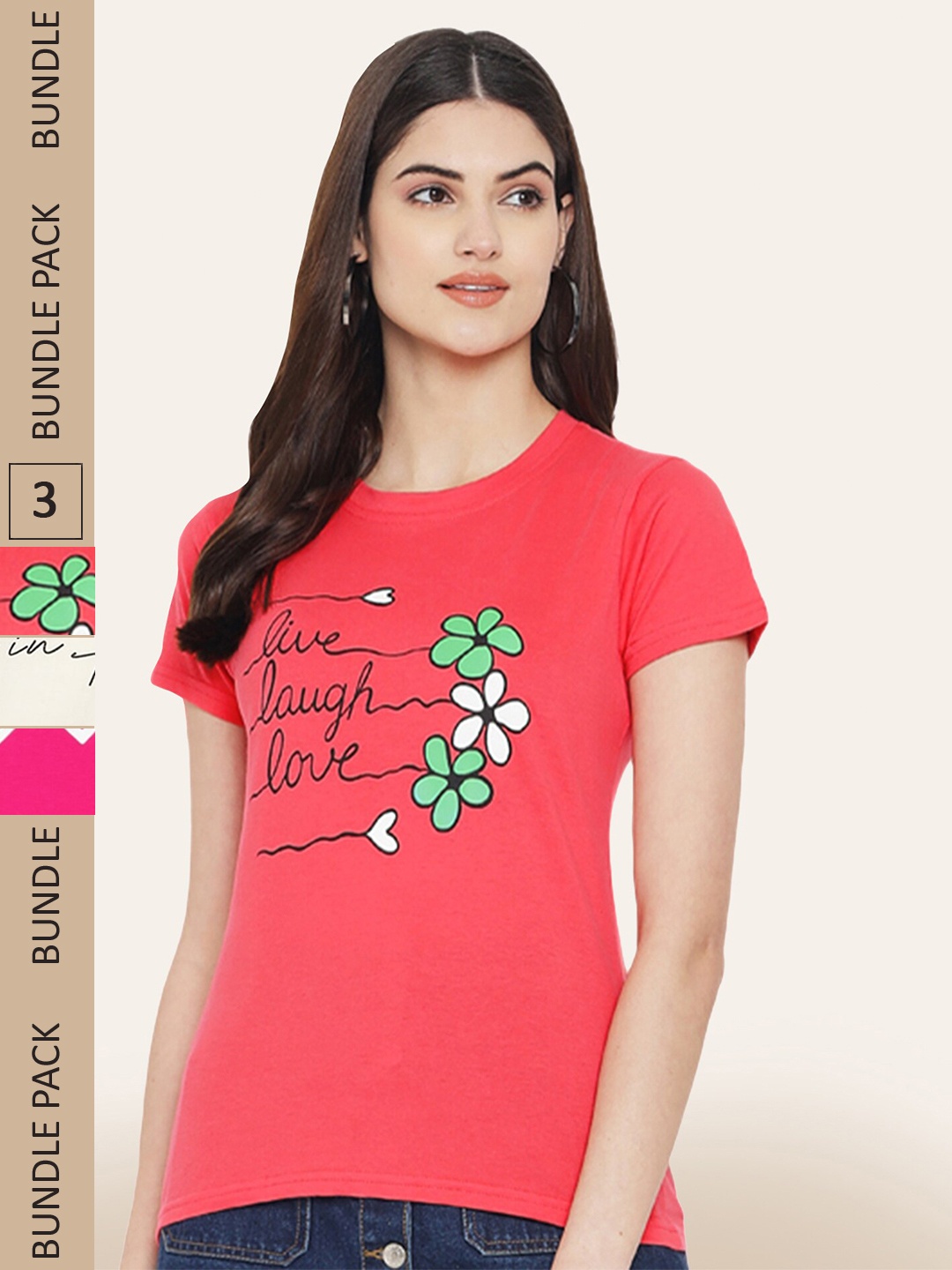 

BAESD Pack Of 3 Printed Cotton T-shirts, Peach