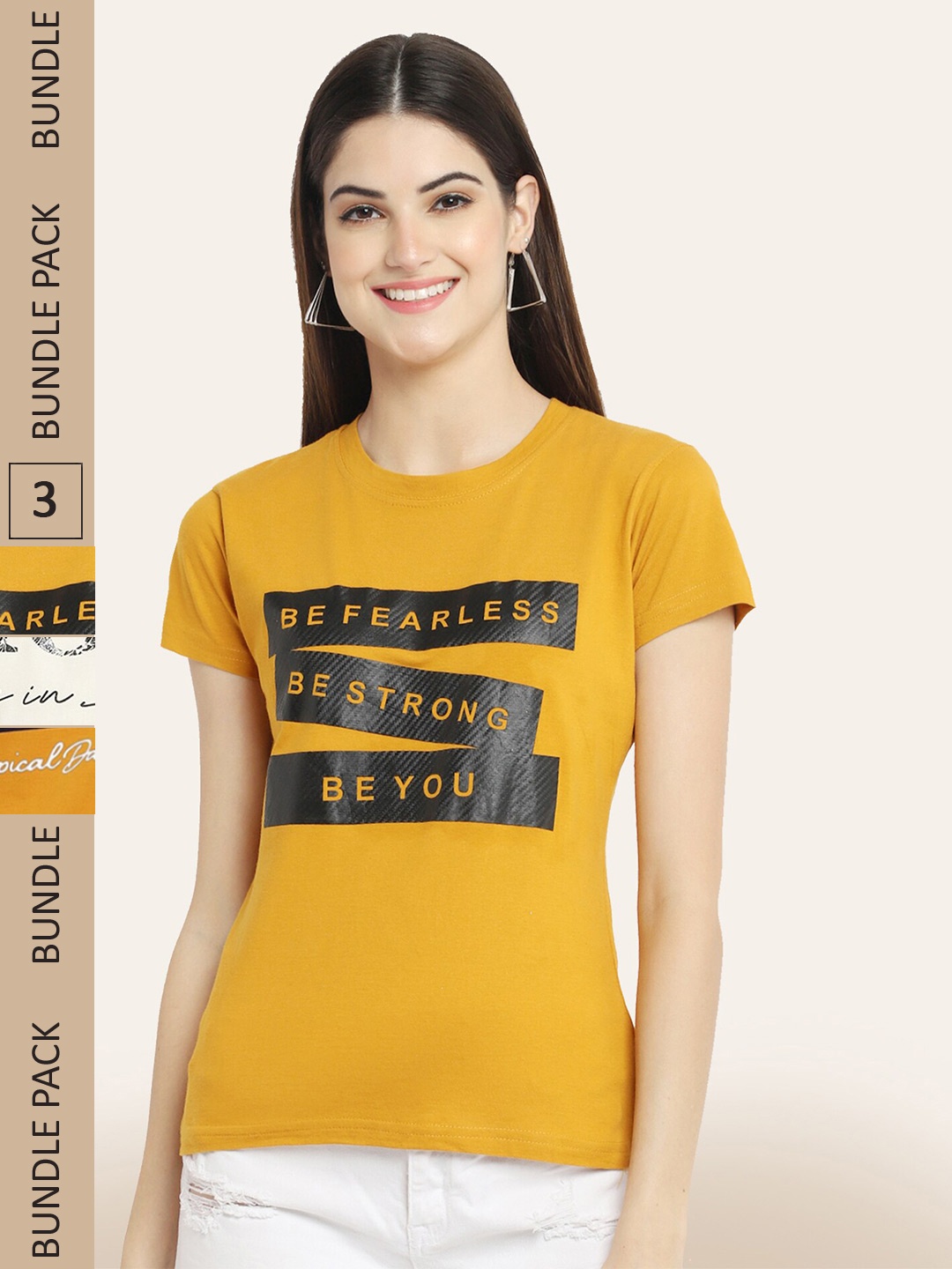 BAESD Women Pack Of 3 Typography Printed Cotton T-shirt, Mustard