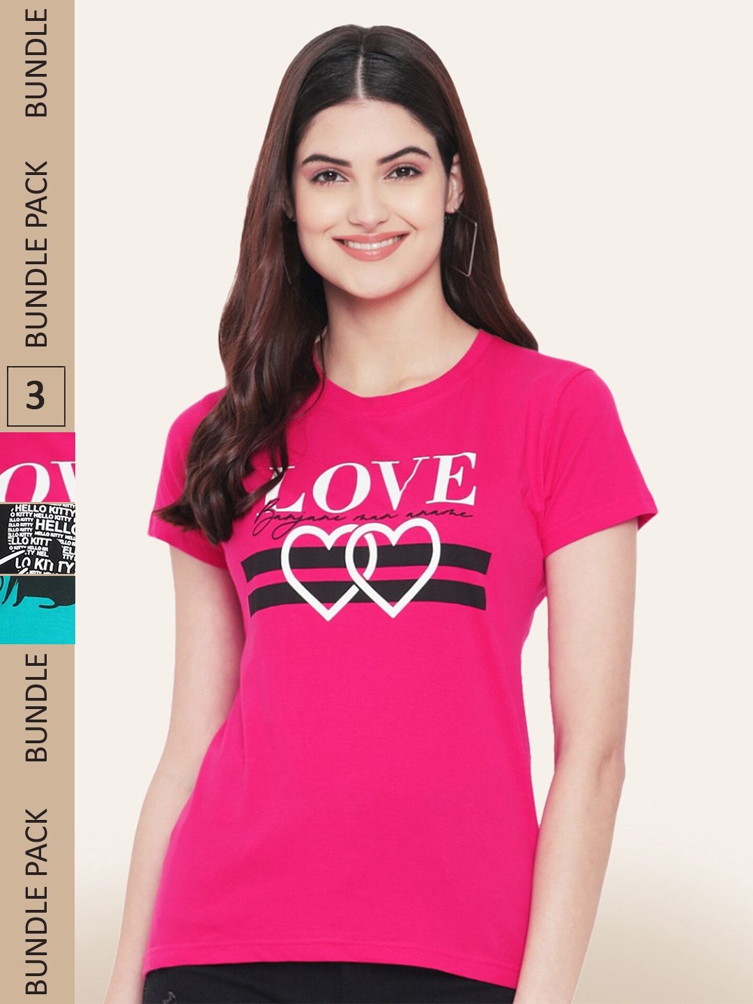 

BAESD Pack of 3 Printed Cotton T-shirts, Fuchsia