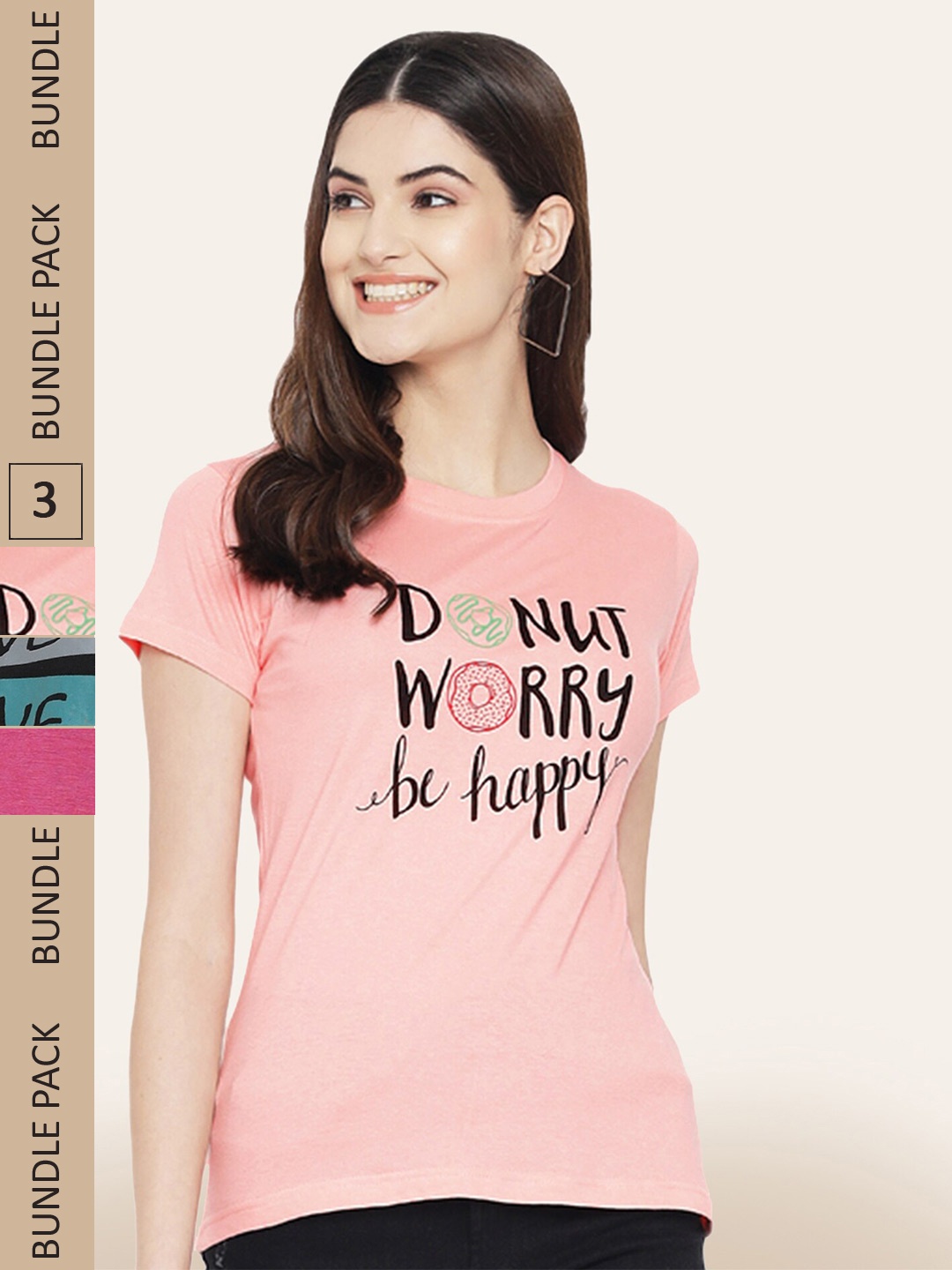 

BAESD Pack Of 3 Printed Round Neck Cotton T-Shirts, Peach