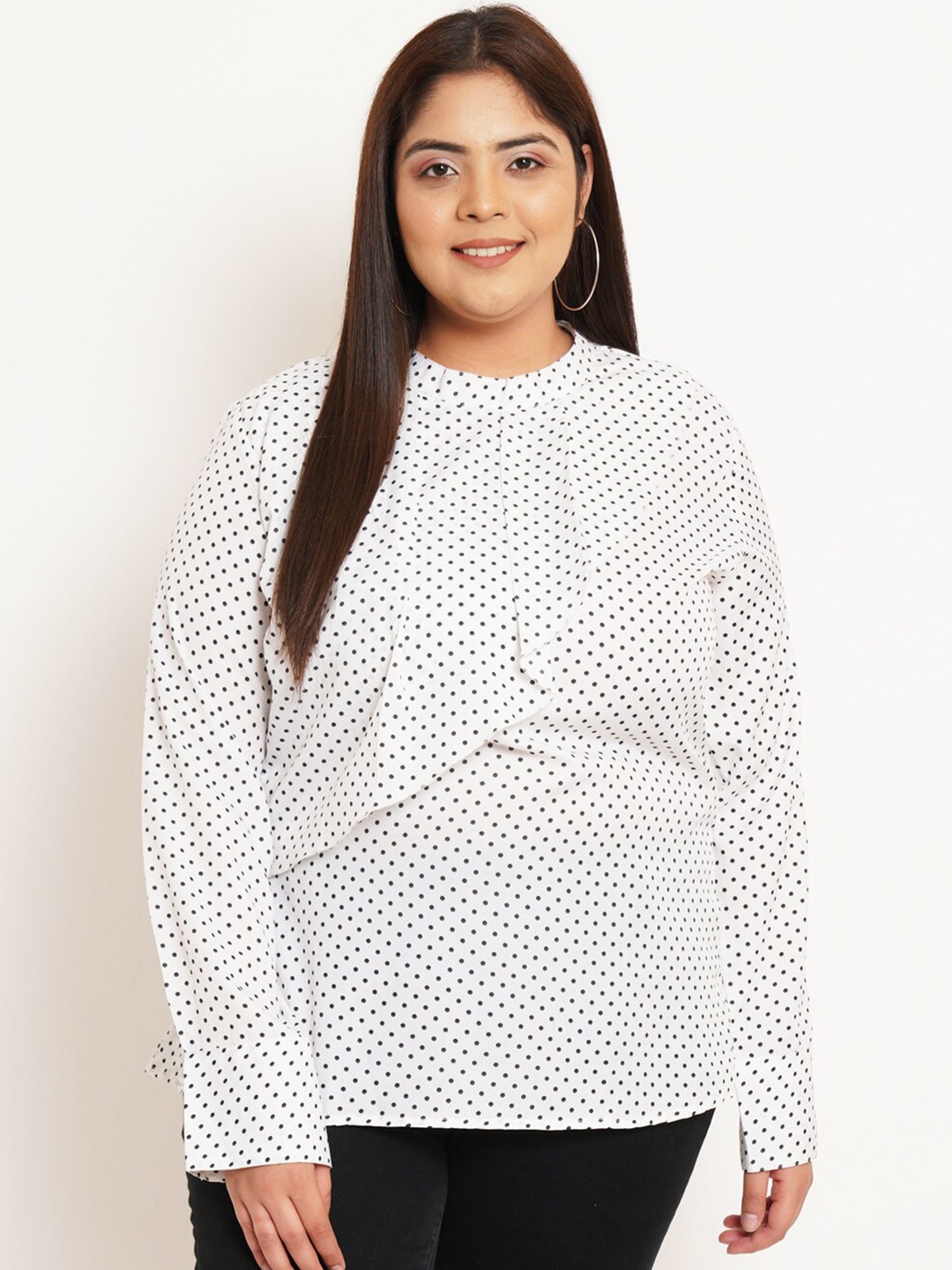 

U&F Beyond Plus Size Polka Dot Printed Ruffles Top, White