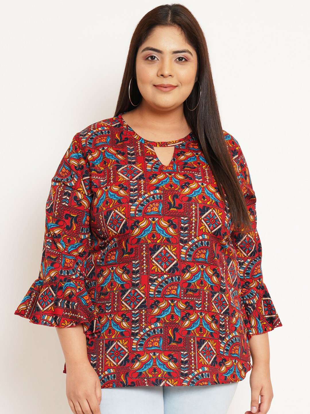 

U&F Beyond Plus Size Ethnic Motifs Printed Keyhole Neck Bell Sleeves Top, Orange