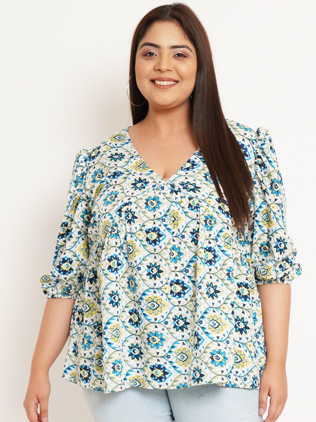 

U&F Beyond Plus Size Floral Printed V-Neck Puff Sleeves A-Line Top, White