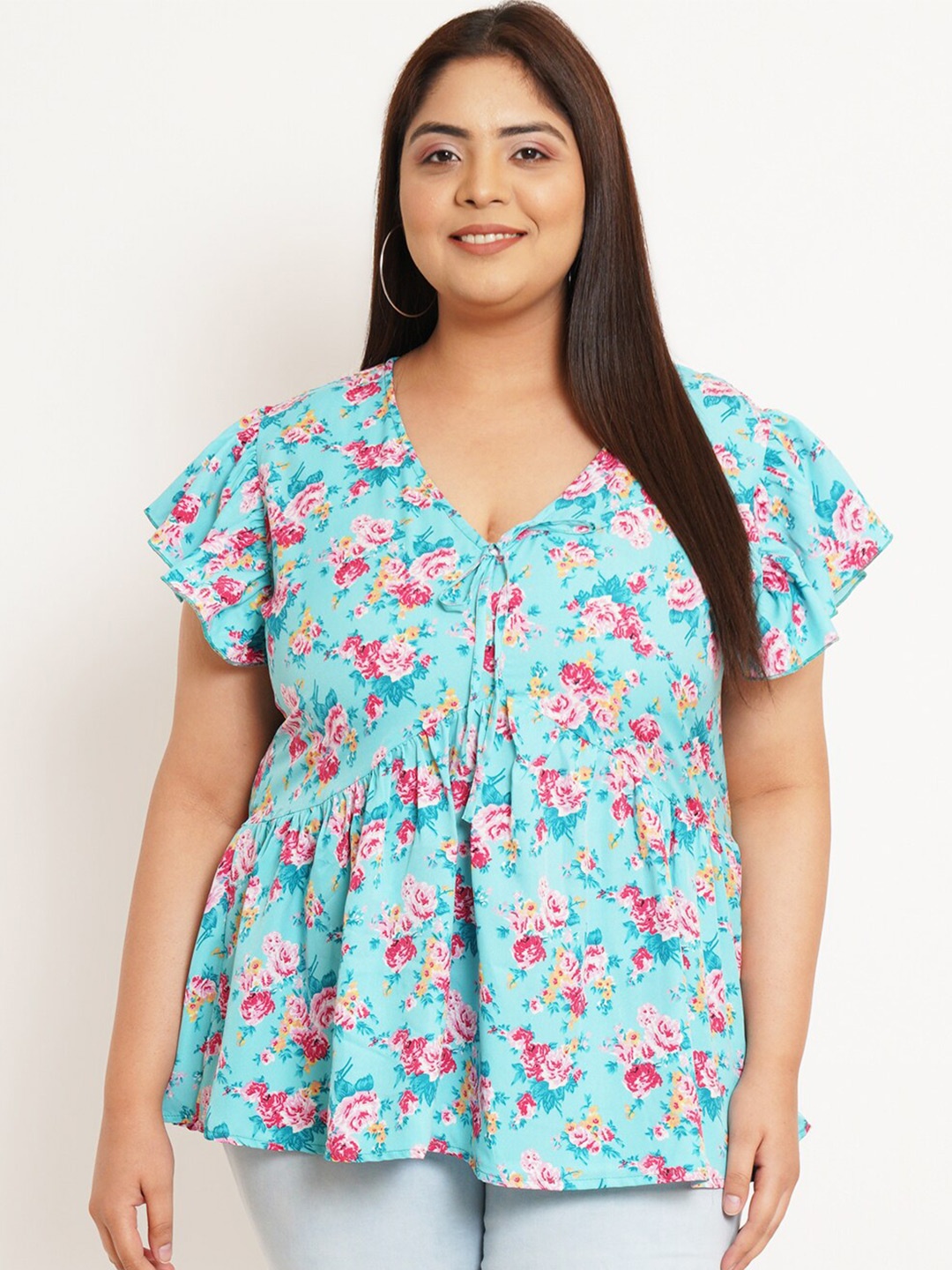 

U&F Beyond Floral Printed Flutter Sleeves Empire Top, Turquoise blue