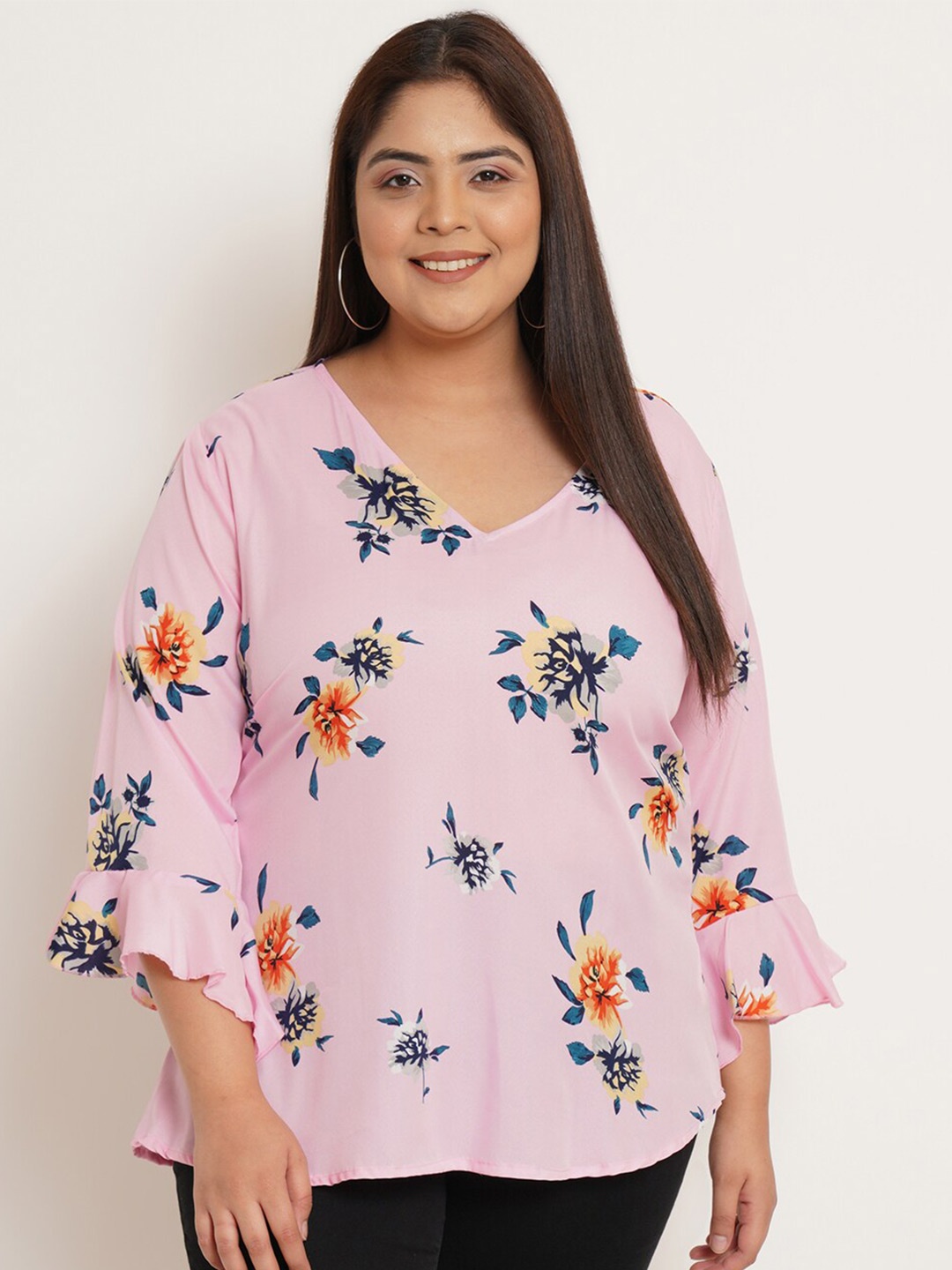 

U&F Beyond Floral Printed V-Neck Bell Sleeve Crepe Top, Pink