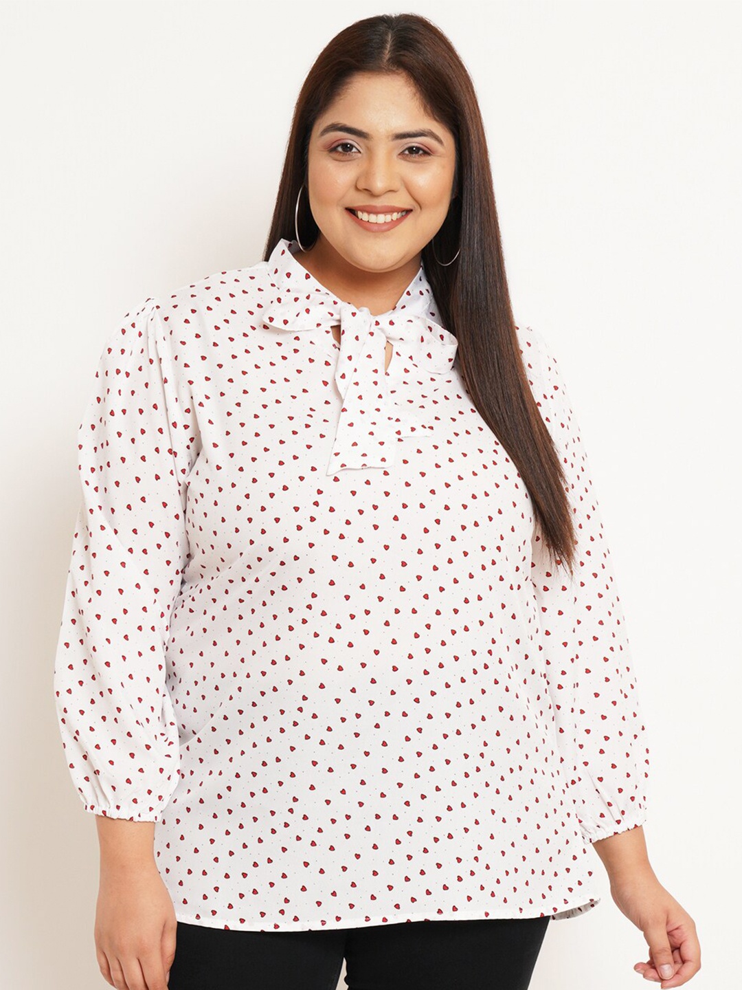 

U&F Beyond Plus Size Conversatioanl Print Tie-Up Neck Regular Top, White