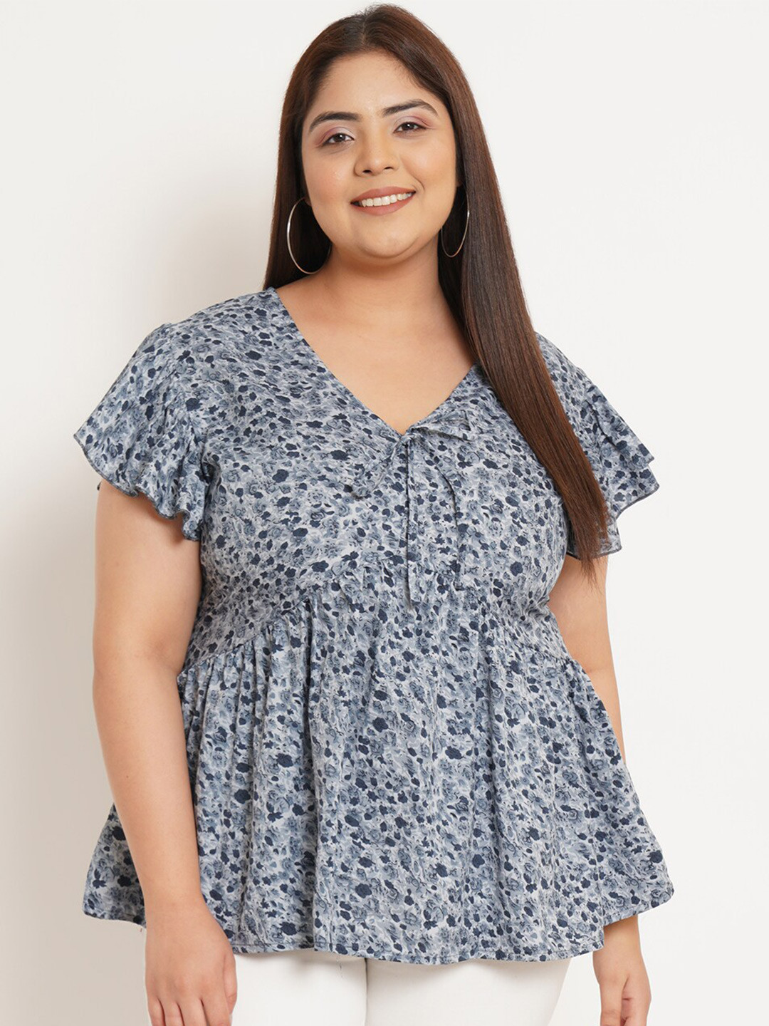 

U&F Beyond Plus Size Floral Printed V-Neck Empire Top, Grey