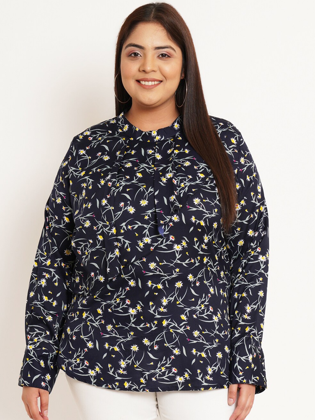 

U&F Beyond Plus Size Floral Printed High Neck Cuffed Sleeves Regular Top, Blue