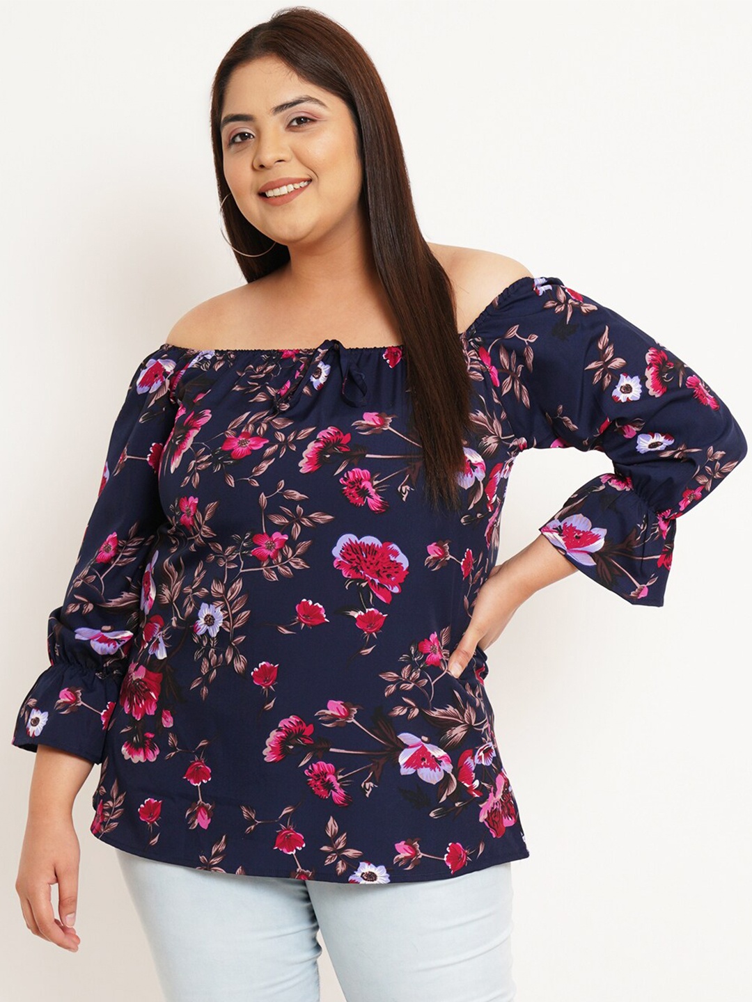 

U&F Beyond Plus Size Floral Printed Off-Shoulder Bardot Top, Navy blue