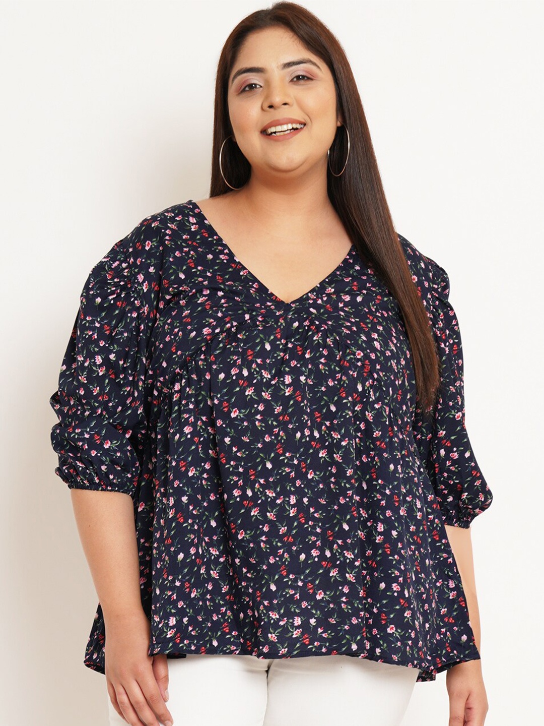 

U&F Beyond Plus Size Floral Printed Puff Sleeves V-Neck Top, Navy blue