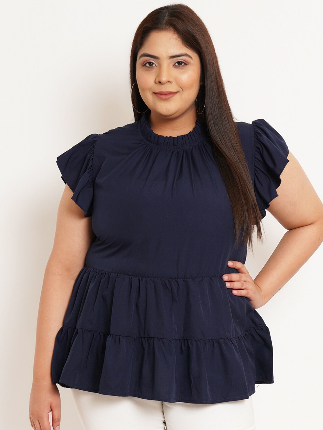 

U&F Beyond Plus Size High Neck Flutter Sleeves Layered A-Line Top, Navy blue