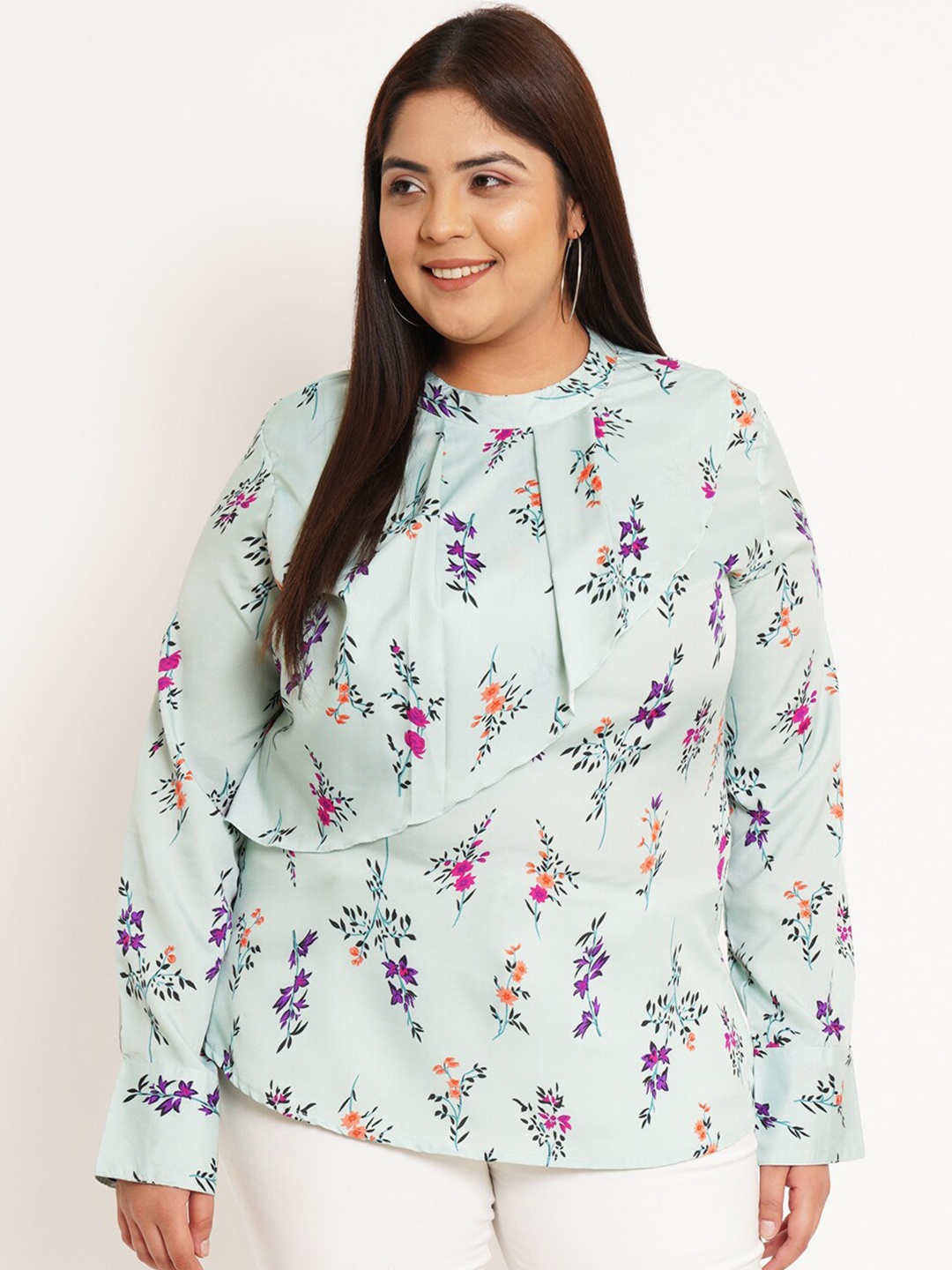 

U&F Beyond Plus Size Floral Printed Cuffed Sleeves Ruffles Top, Sea green