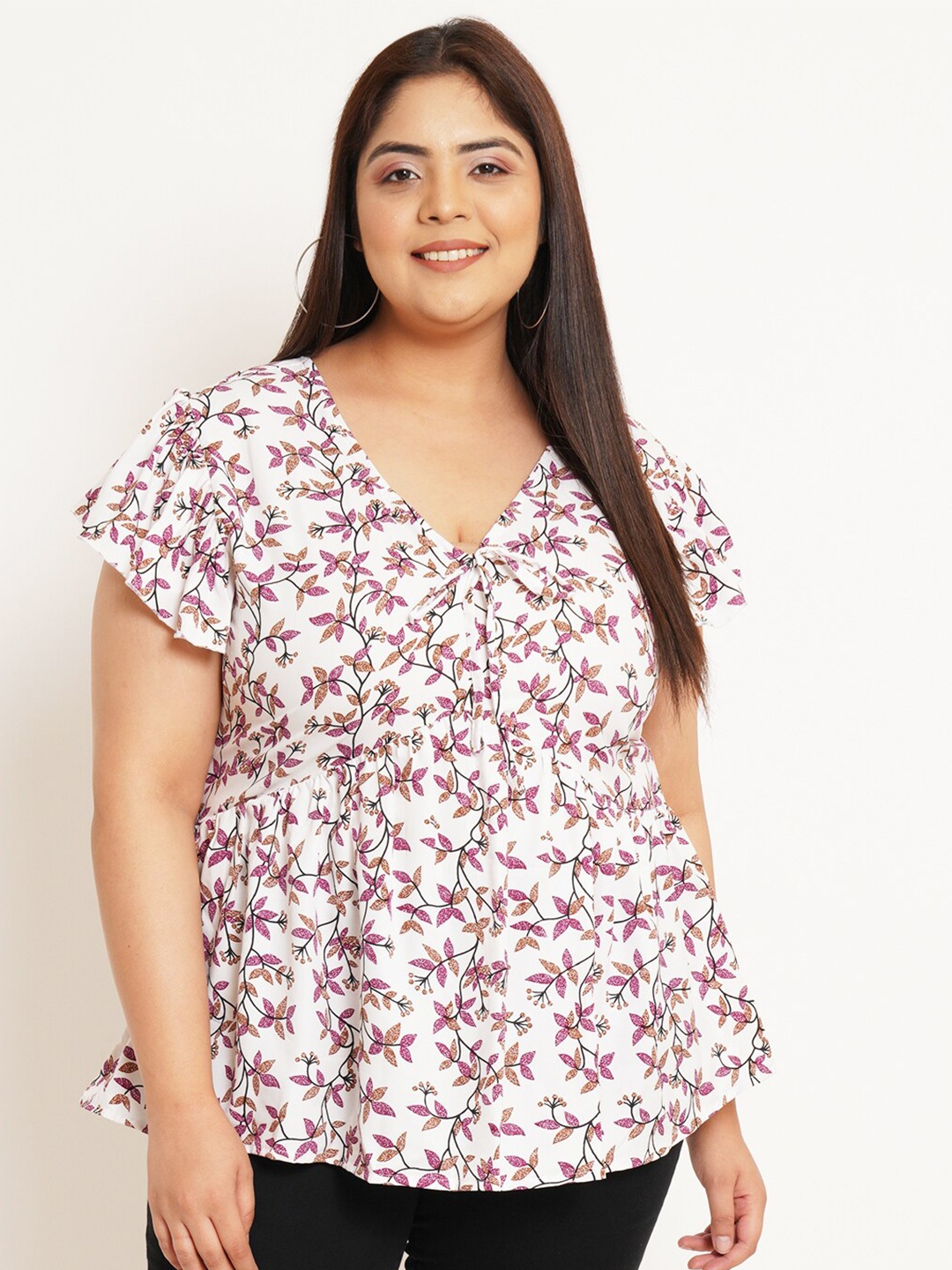 

U&F Beyond Plus Size Floral Printed V-Neck Flutter Sleeves Gathered Detail A-Line Top, White