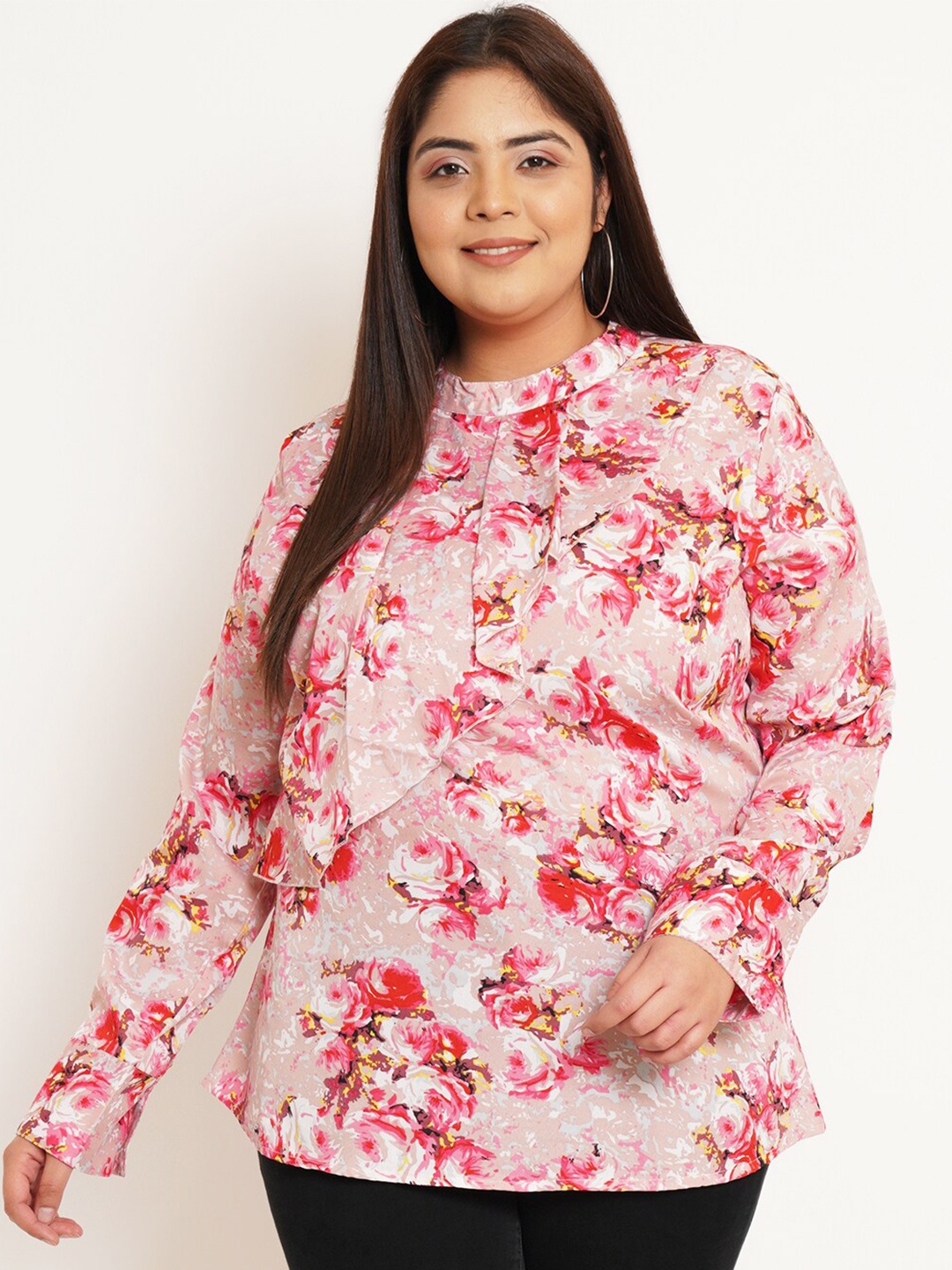 

U&F Beyond Plus Size Floral Printed Cuffed Sleeves Ruffles Top, Pink