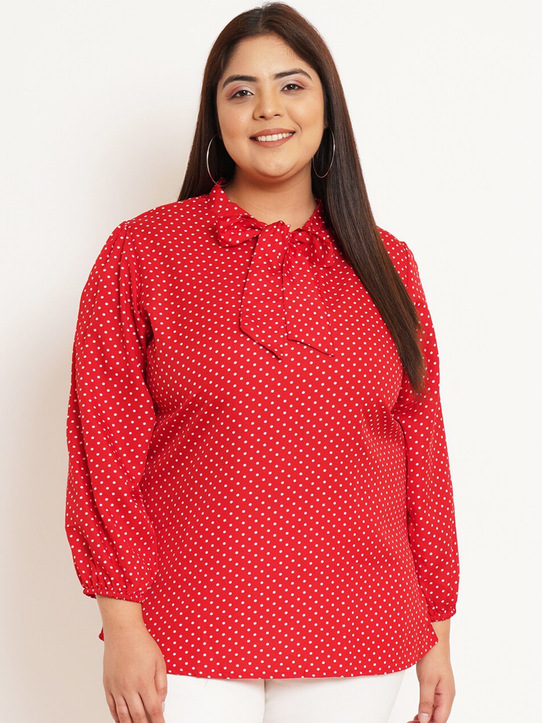 

U&F Beyond Plus Size Polka Dot Printed Tie-Up Neck Cuff Sleeves Crepe Top, Red