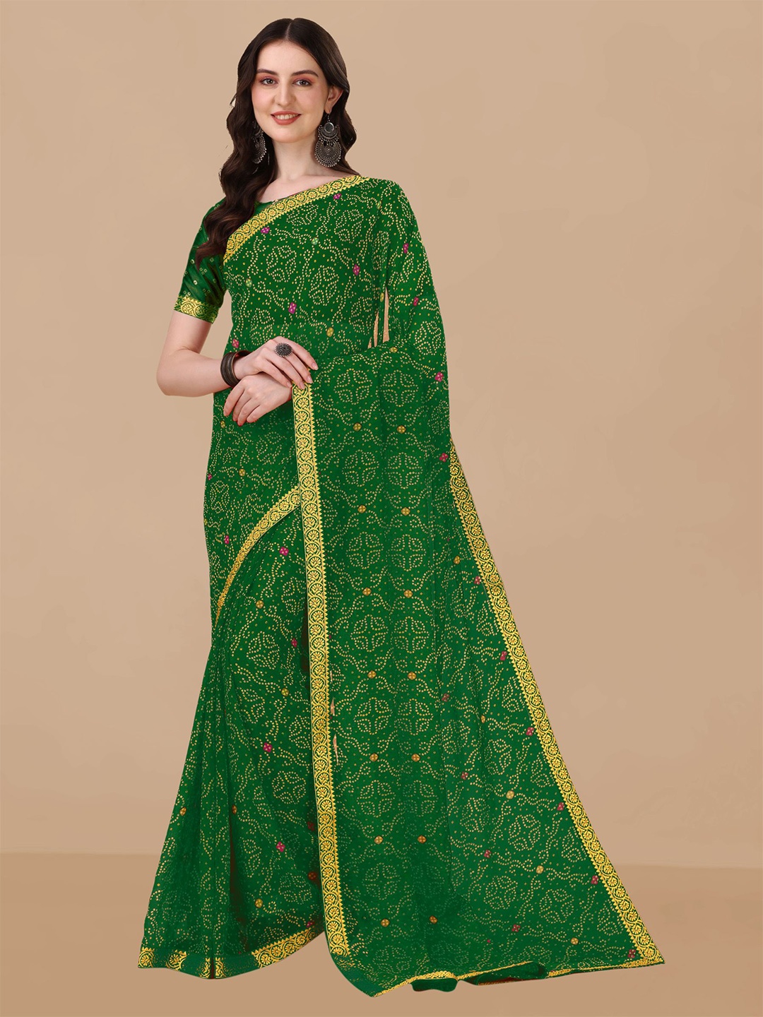 

Sangria Bandhani Printed Zari Pure Chiffon Saree, Green