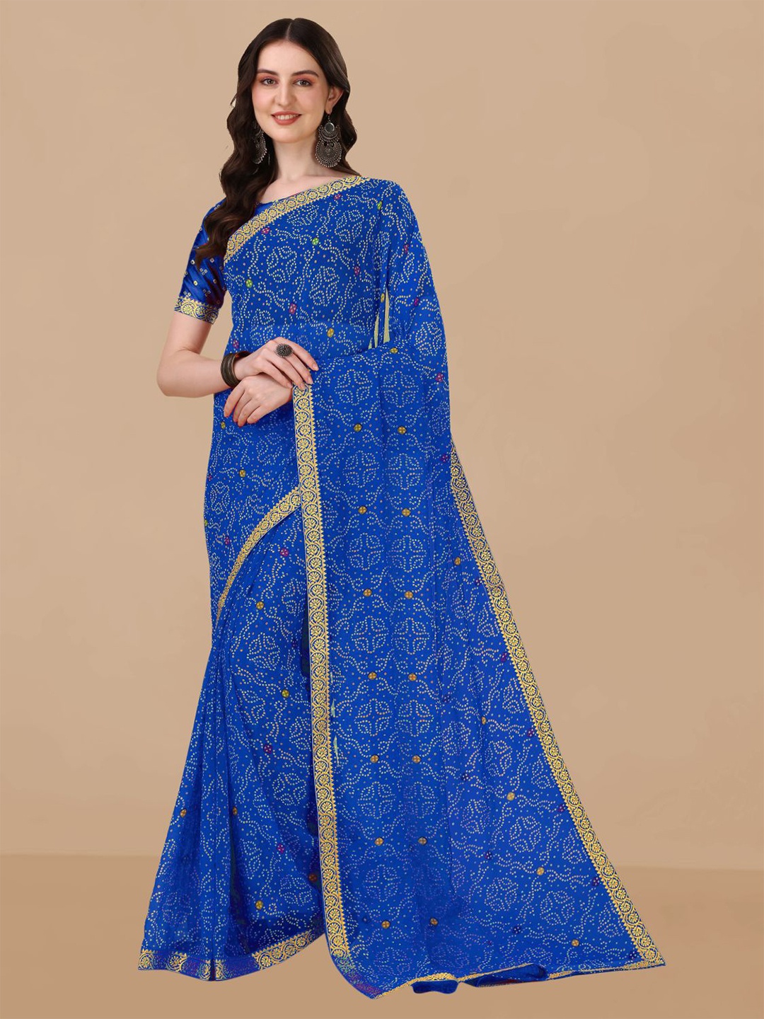 

Sangria Blue & Yellow Bandhani Printed Zari Pure Chiffon Saree