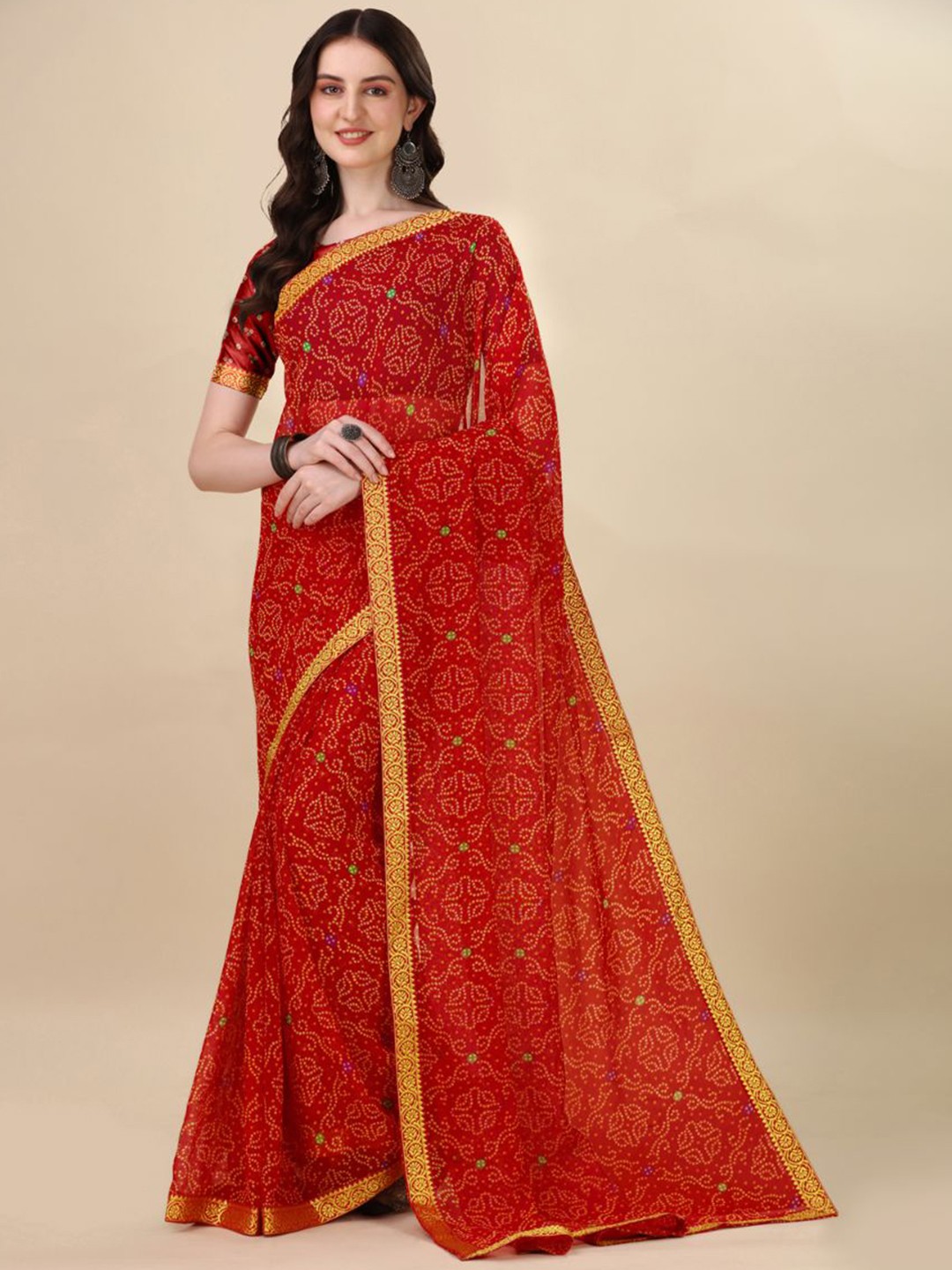 

Sangria Red & Yellow Bandhani Printed Pure Chiffon Saree