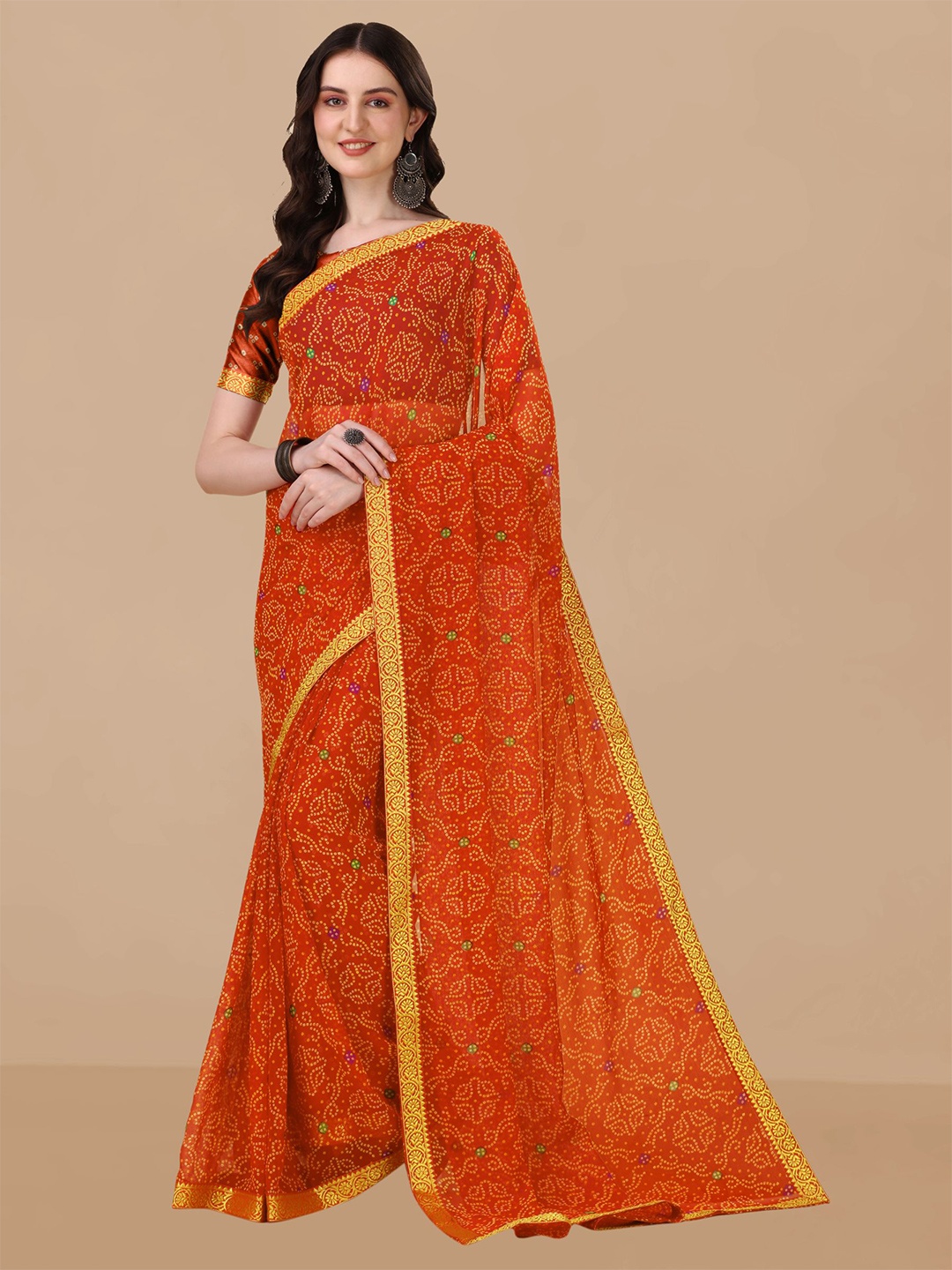 

Sangria Orange-Coloured & Yellow Bandhani Printed Zari Saree