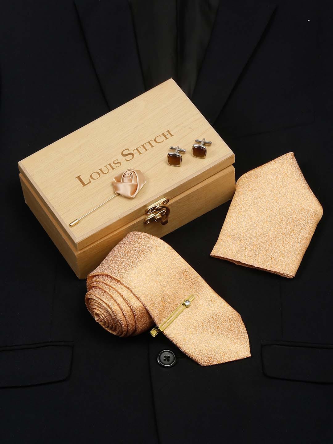 

LOUIS STITCH Men Silk Necktie Accessory Gift Set, Cream