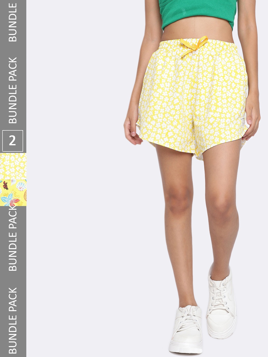 

Lil Tomatoes Girls Pack Of 2 Floral Printed Mid Rise Shorts, Yellow