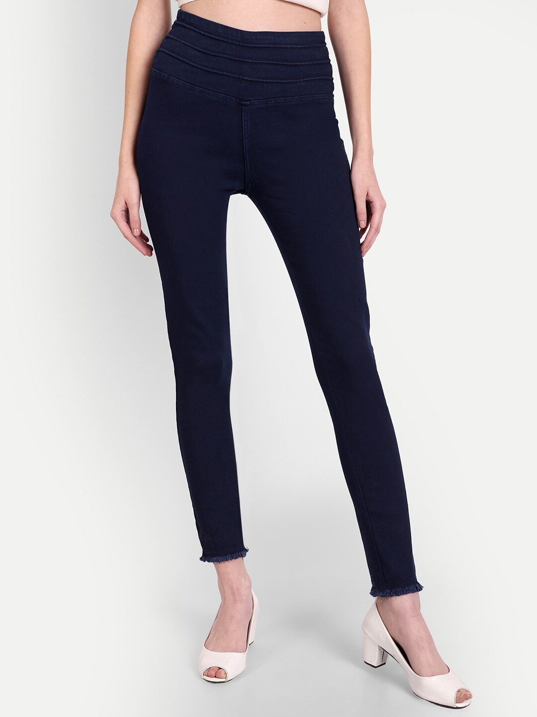 

AngelFab Women Solid Cotton Denim Jeggings, Navy blue