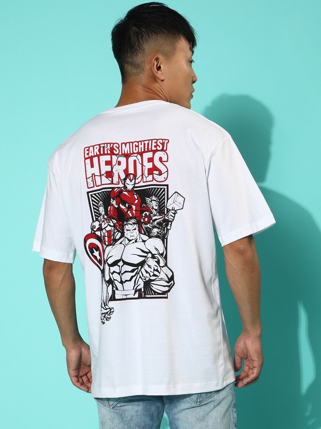 

VEIRDO Marvel Iron Man Printed Drop shoulder Sleeves Cotton Oversized Fit T-shirt, White