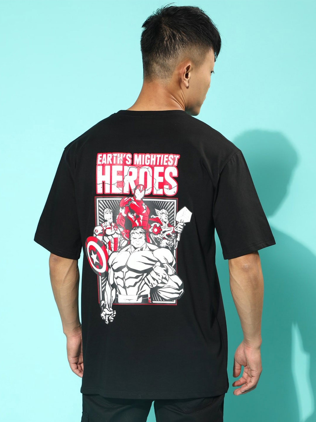 

VEIRDO Black Marvel Avengers Typography Graphic Printed Oversized Pure Cotton T-Shirt