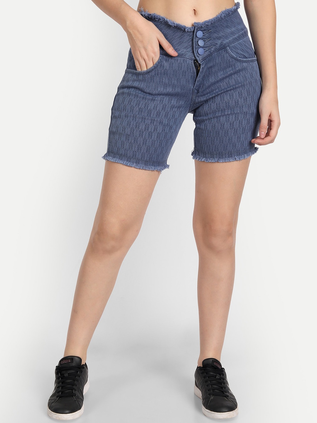 

AngelFab Women Self Design High-Rise Denim Shorts, Blue
