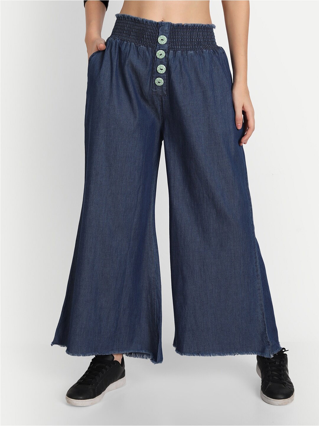 

AngelFab Women Wide Leg Chambray Cropped Denim Palazzos, Navy blue