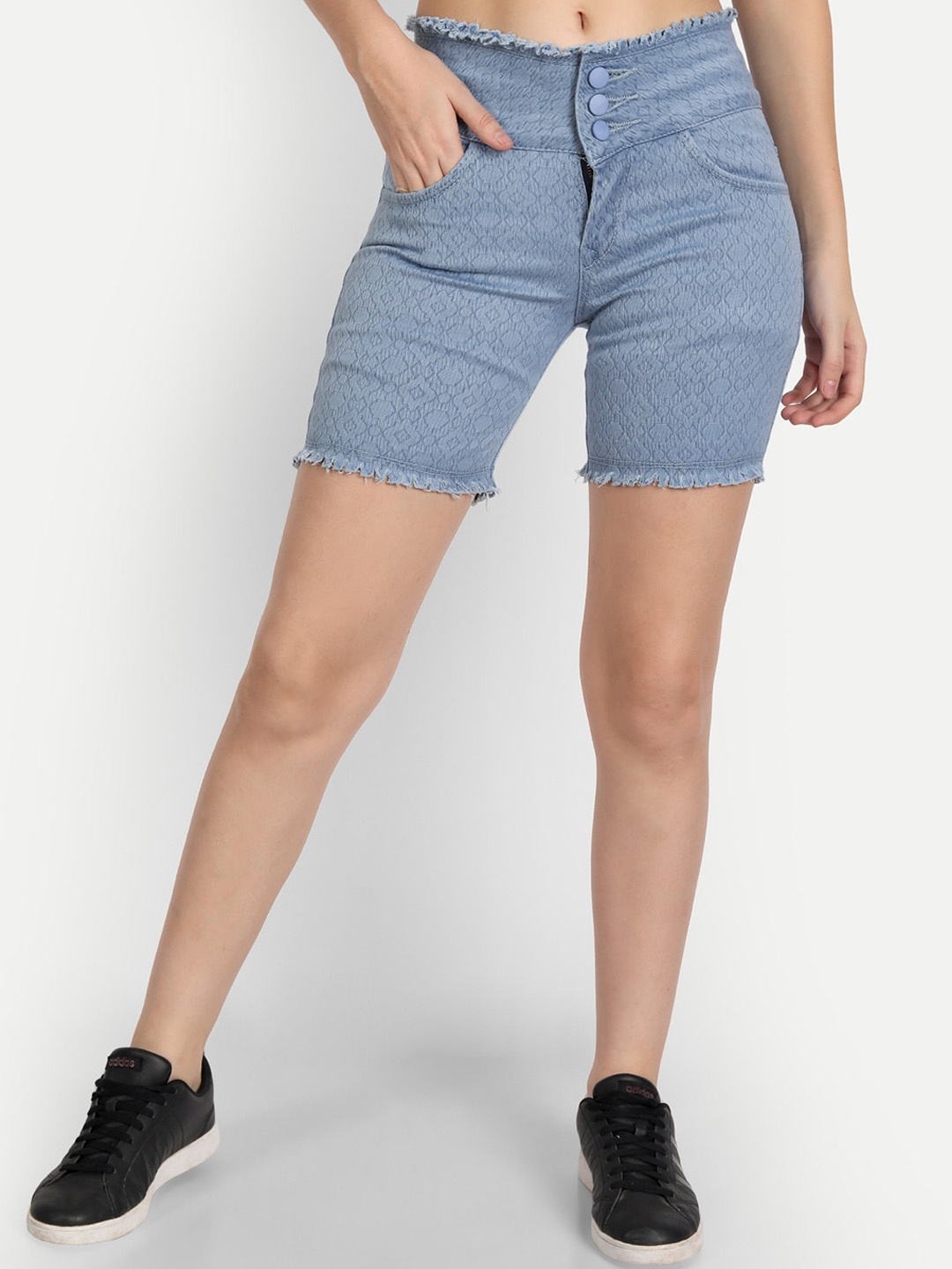 

AngelFab Women Self Design High-Rise Denim Denim Shorts, Blue