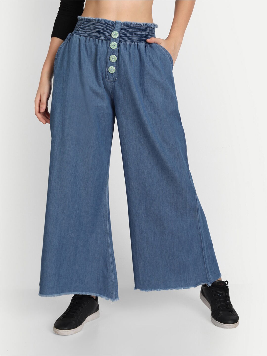 

AngelFab Women Cotton Wide Leg Chambray Palazzos, Blue
