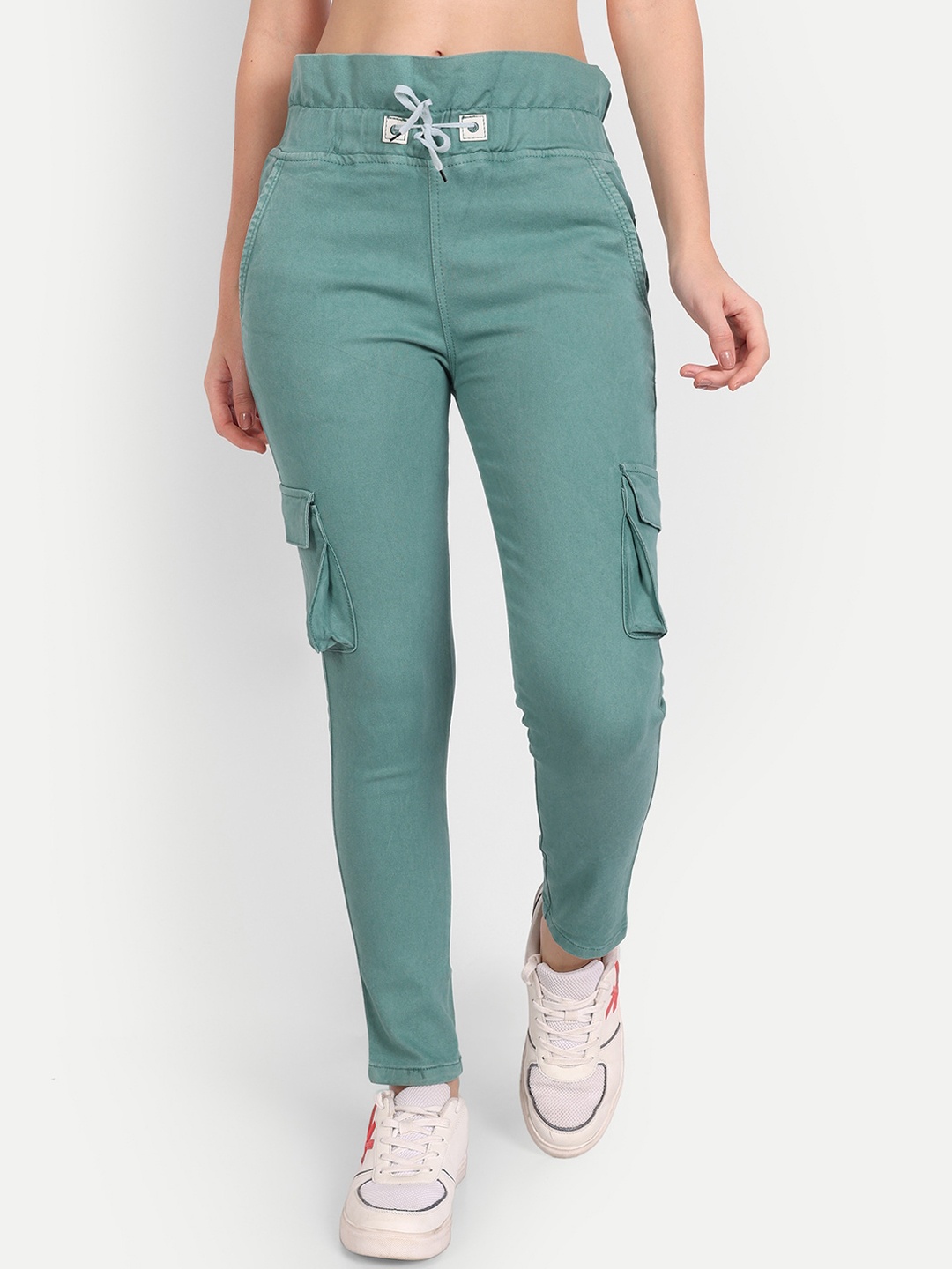 

AngelFab Women Mid-rise Denim Relaxed Cotton Cargos Trousers, Green