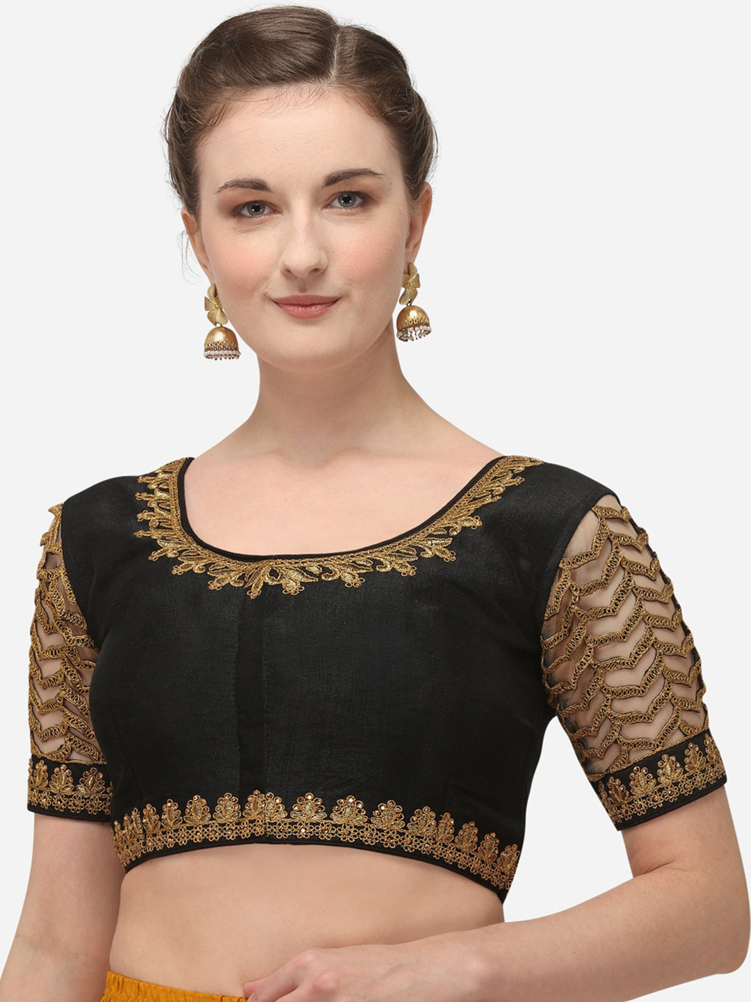 

Amrutam Fab Round Neck Embroidered Silk Blouse, Black