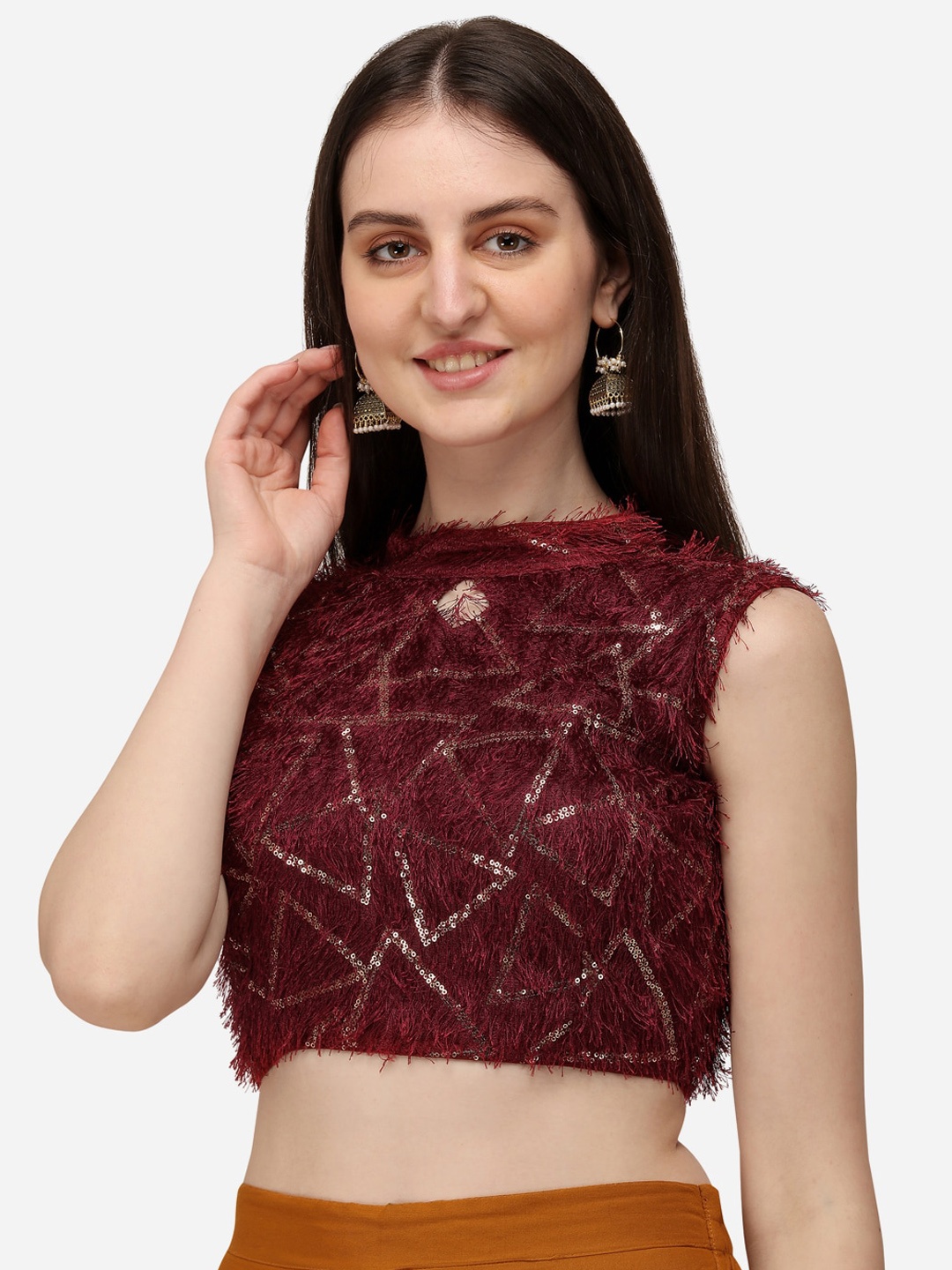 

Amrutam Fab Keyhole Neck Embellished Sequined Silk Saree Blouse, Red