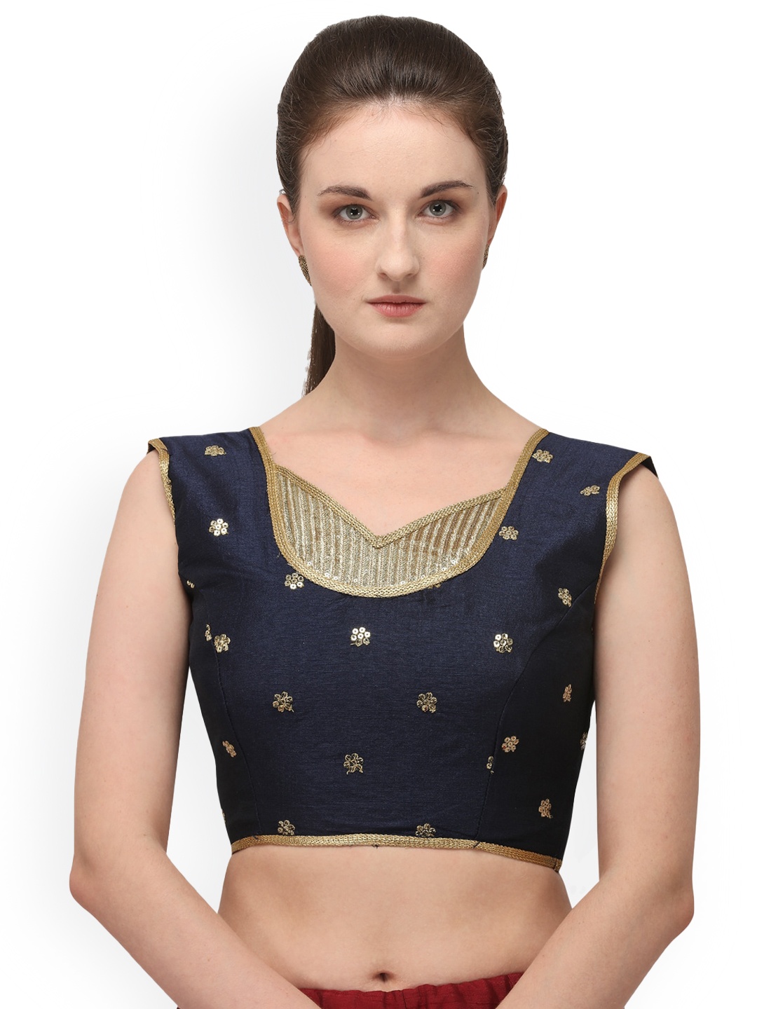 

Amrutam Fab Raw Silk Embroidered Saree Blouse, Navy blue