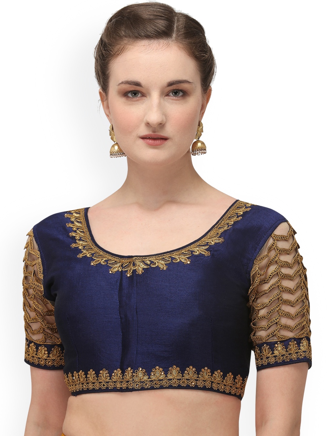 

Amrutam Fab Embroidered Raw Silk Round Neck Blouse, Navy blue