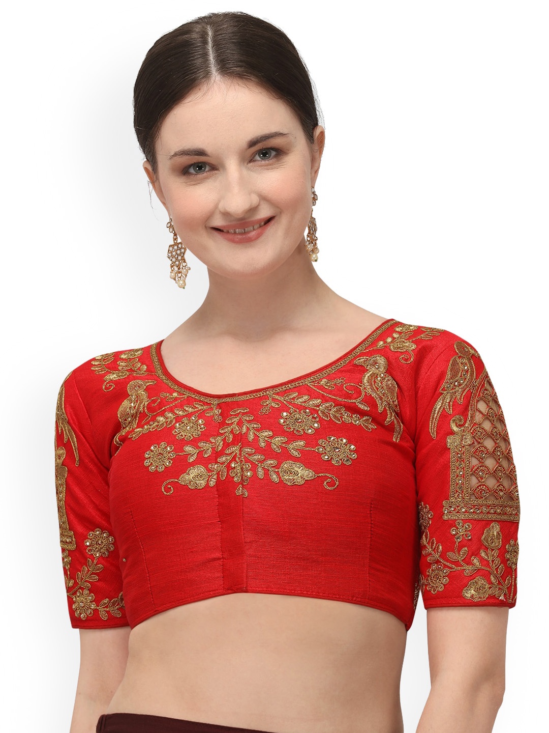 

Amrutam Fab Round Neck Sequinned Embroidered Saree Blouse, Red