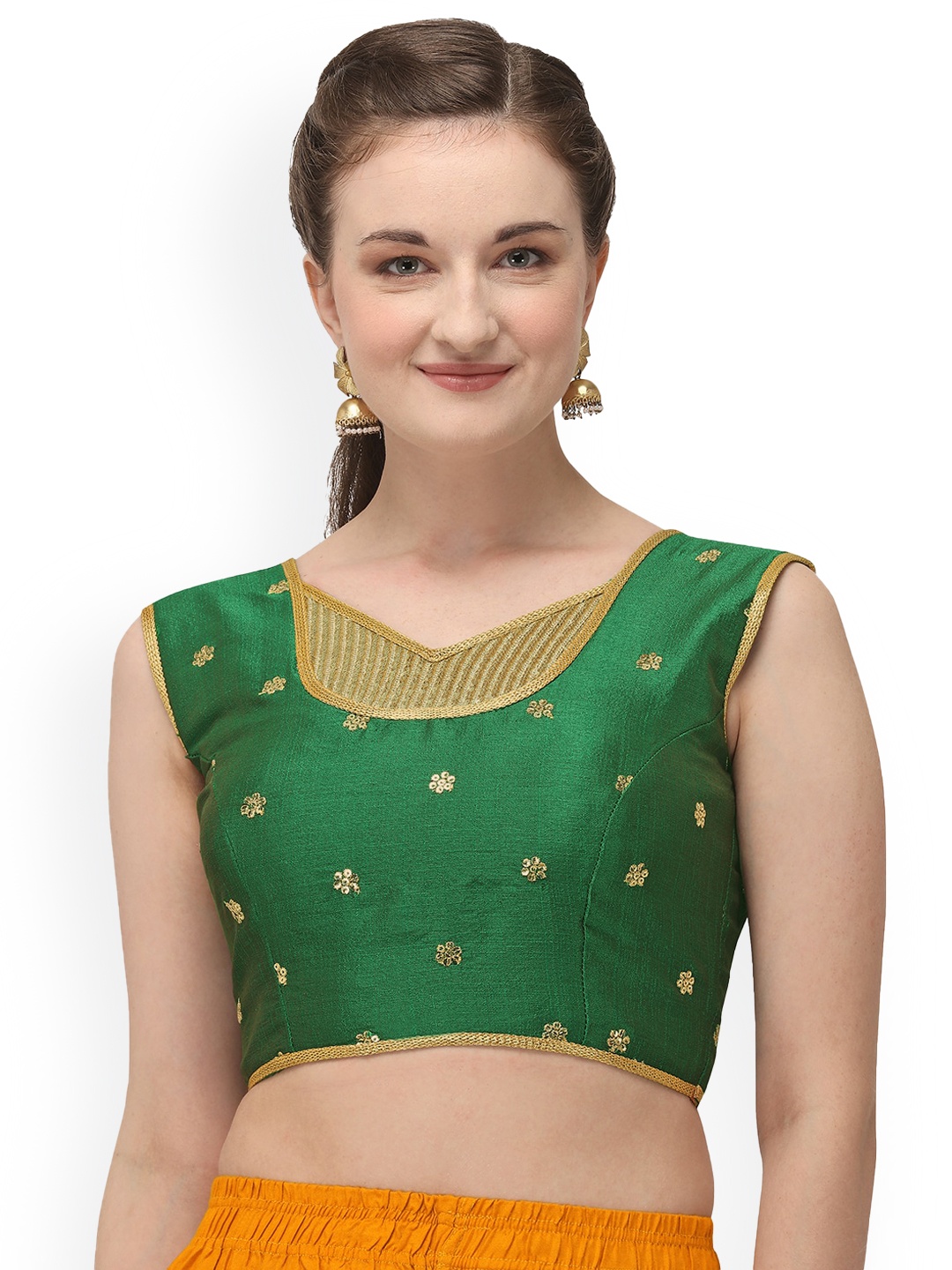 

Amrutam Fab V-Neck Sequinned Raw Silk Saree Blouse, Green