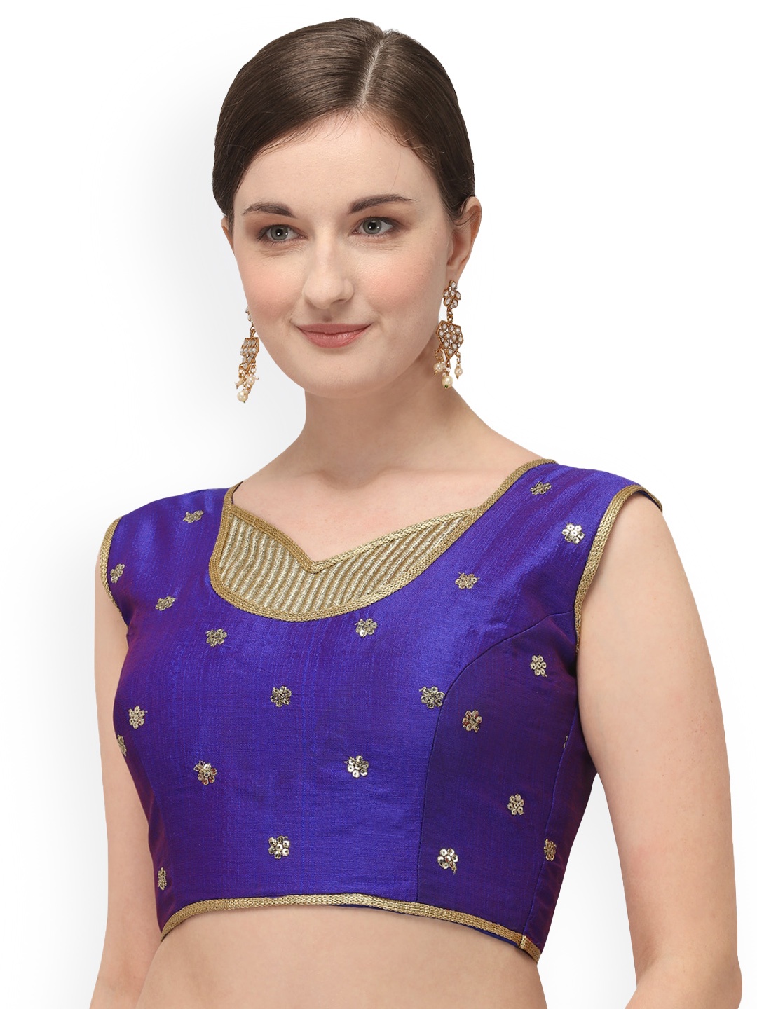 

Amrutam Fab V-Neck Sequinned Raw Silk Saree Blouse, Blue