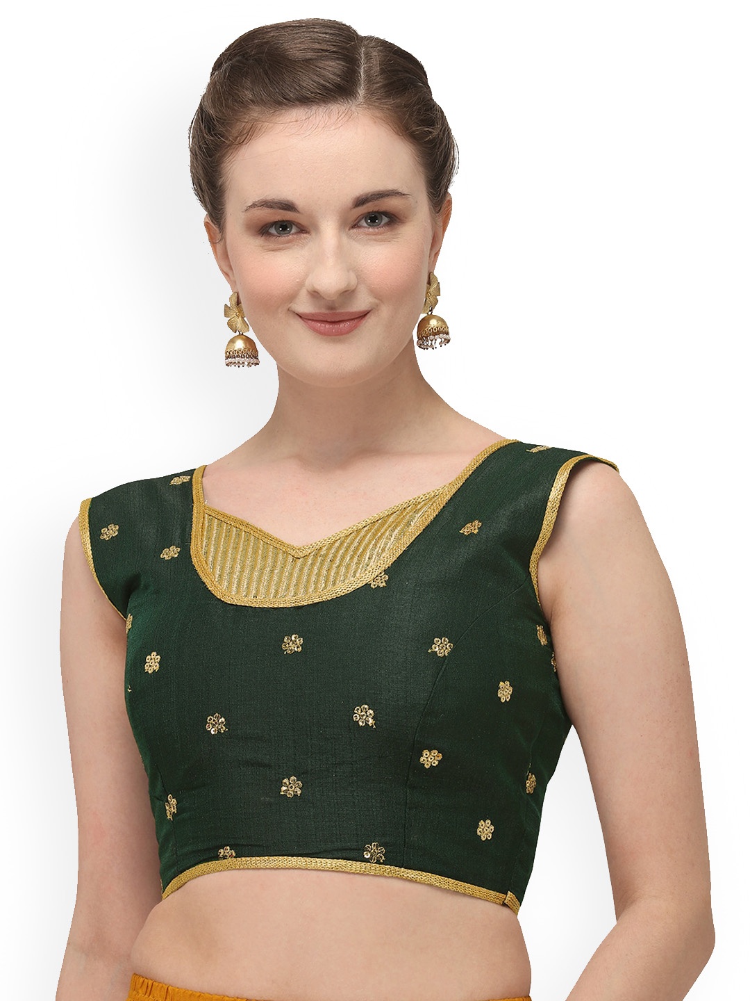

Amrutam Fab V-Neck Sequinned Raw Silk Saree Blouse, Green