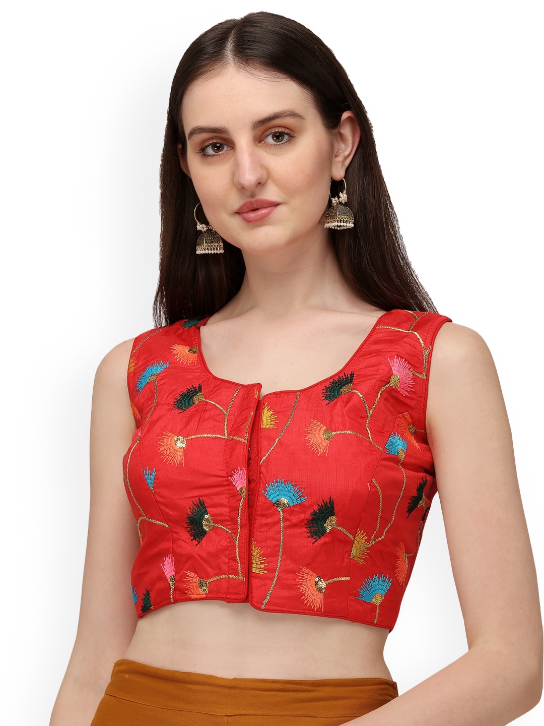 

Amrutam Fab Embroidered Round Neck Satin Saree Blouse, Red