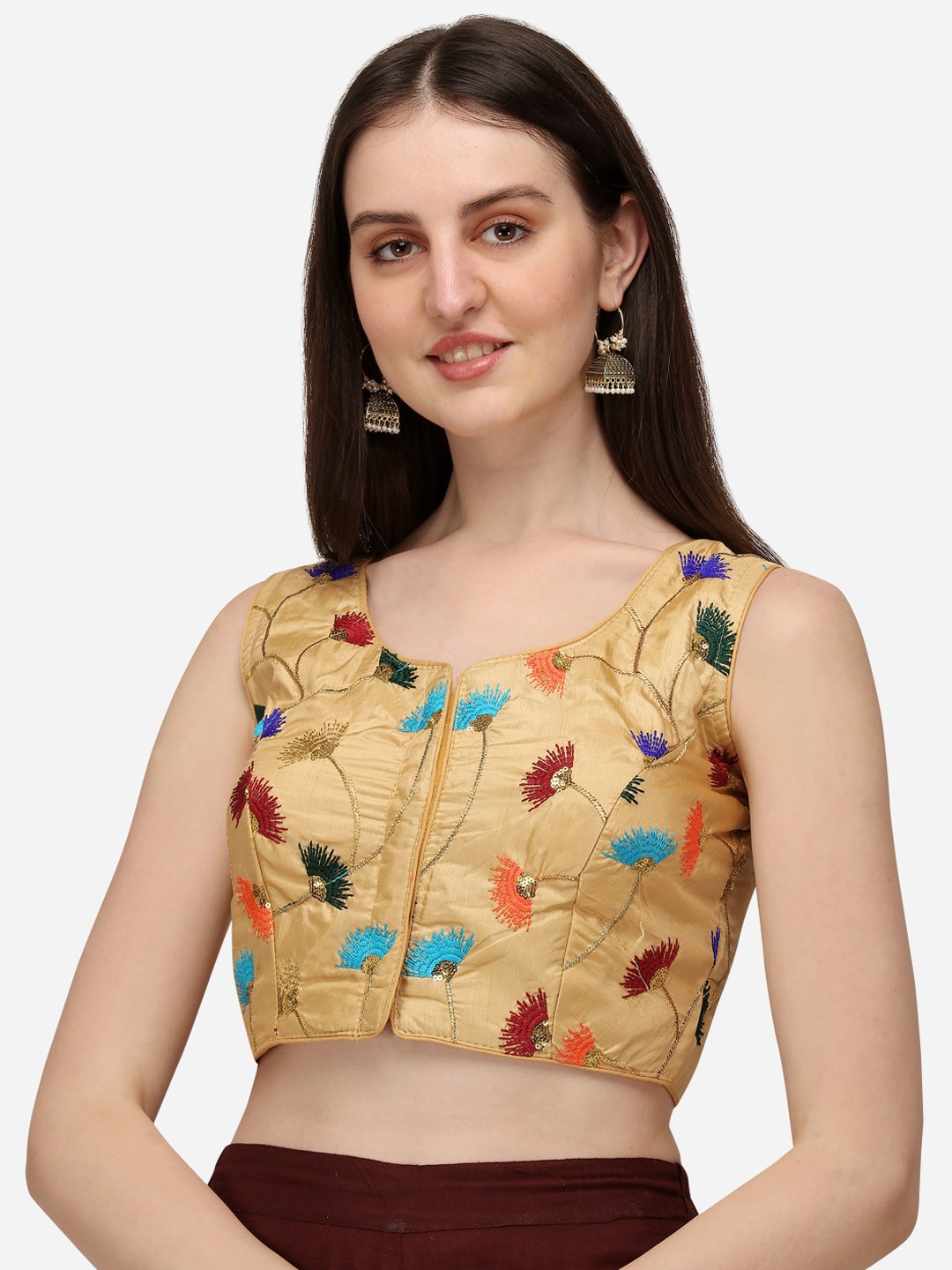 

Amrutam Fab Embroidered Sleeveless Satin Saree Blouse, Beige
