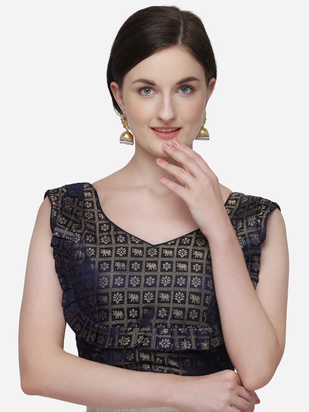 

Amrutam Fab Woven-Design Saree Blouse, Navy blue