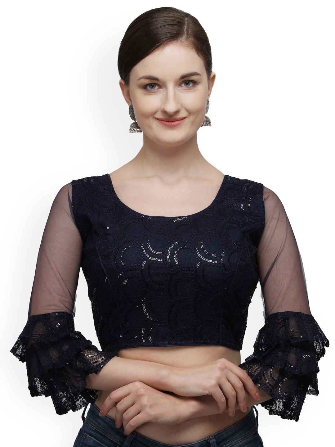 

Amrutam Fab Embroidered Round Neck Net Saree Blouse, Navy blue