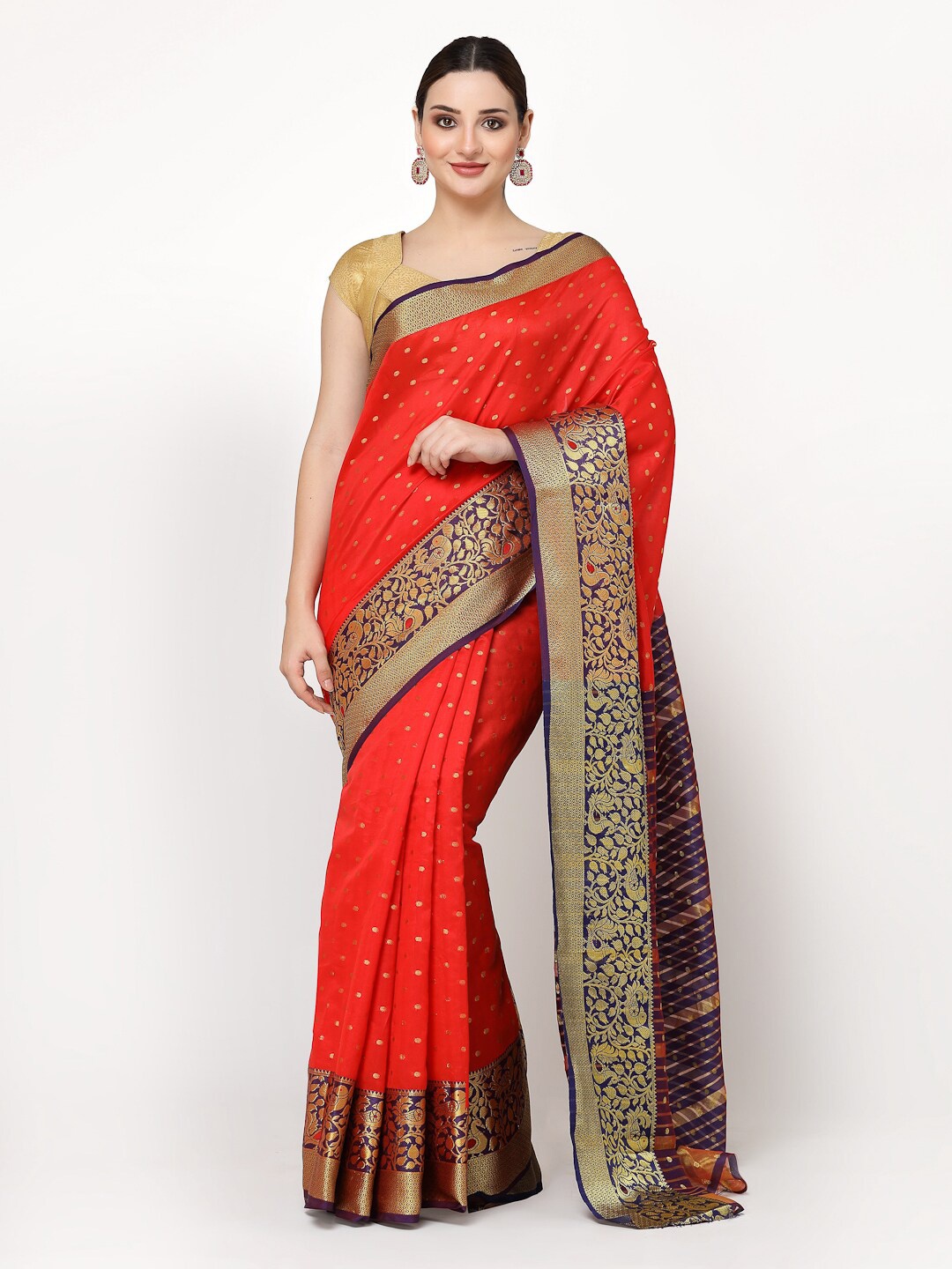 

KALINI Ethnic Motif Woven Design Zari Silk Cotton Banarasi Saree, Red