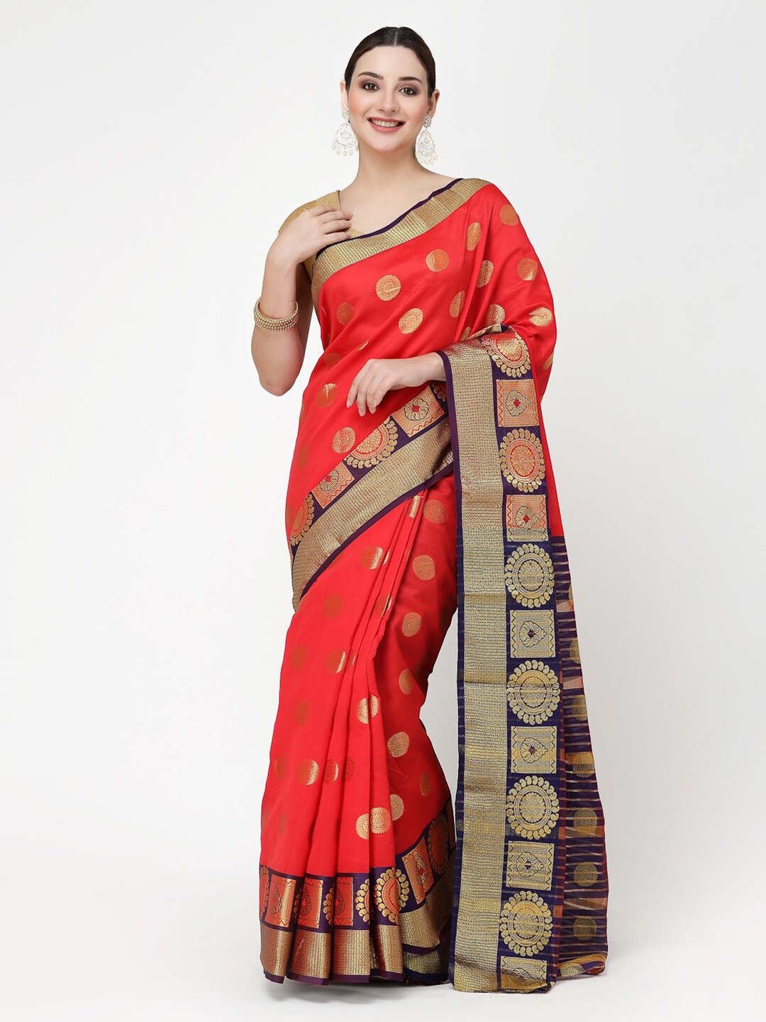 

KALINI Ethnic Woven Design Zari Silk Cotton Banarasi Saree, Red